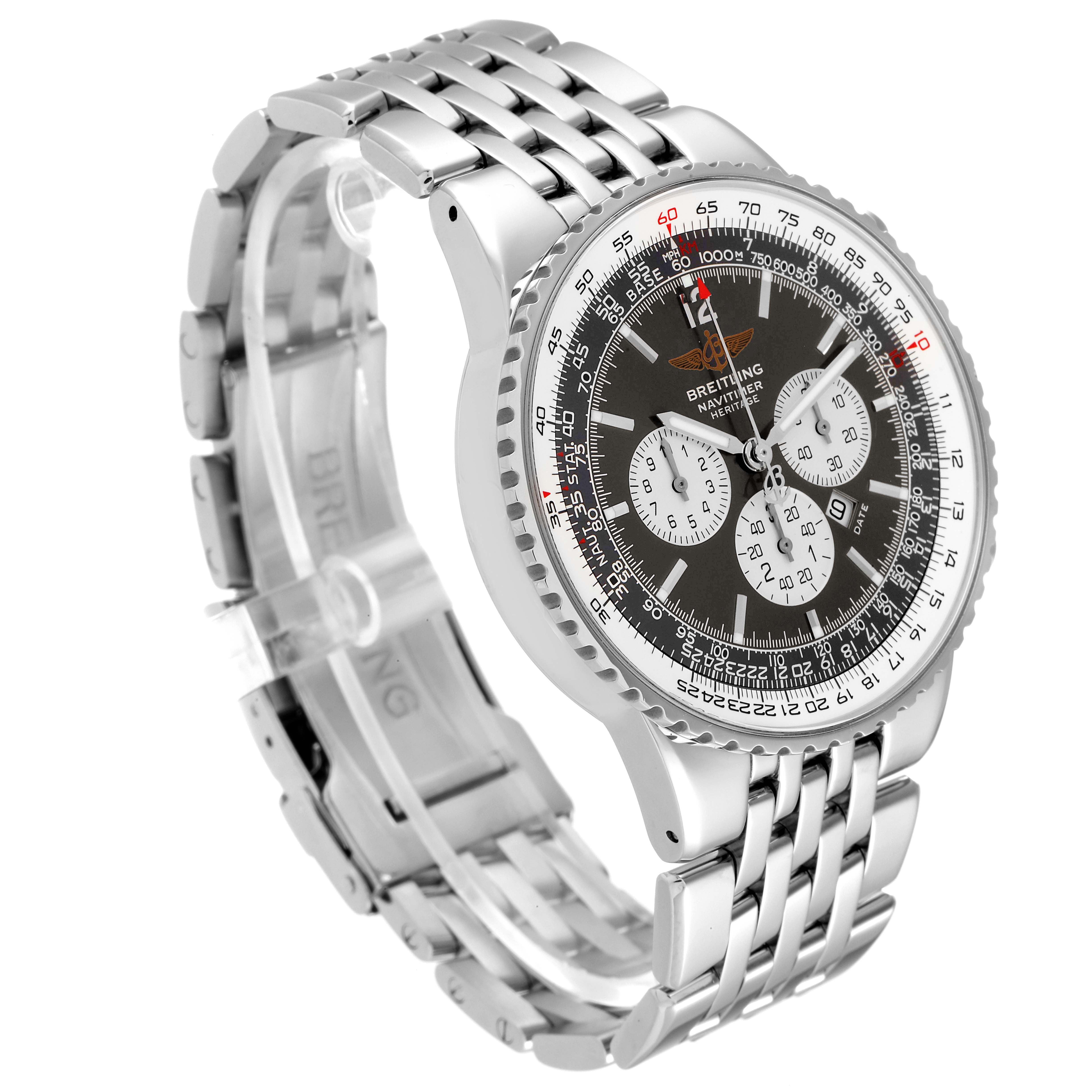 The Breitling Navitimer A35340 Men
s Stainless Steel Grey Dial A35340 Men
s Stainless Steel Grey Dial watch is shown at an angled side view, displaying its face, bezel, and metal bracelet.