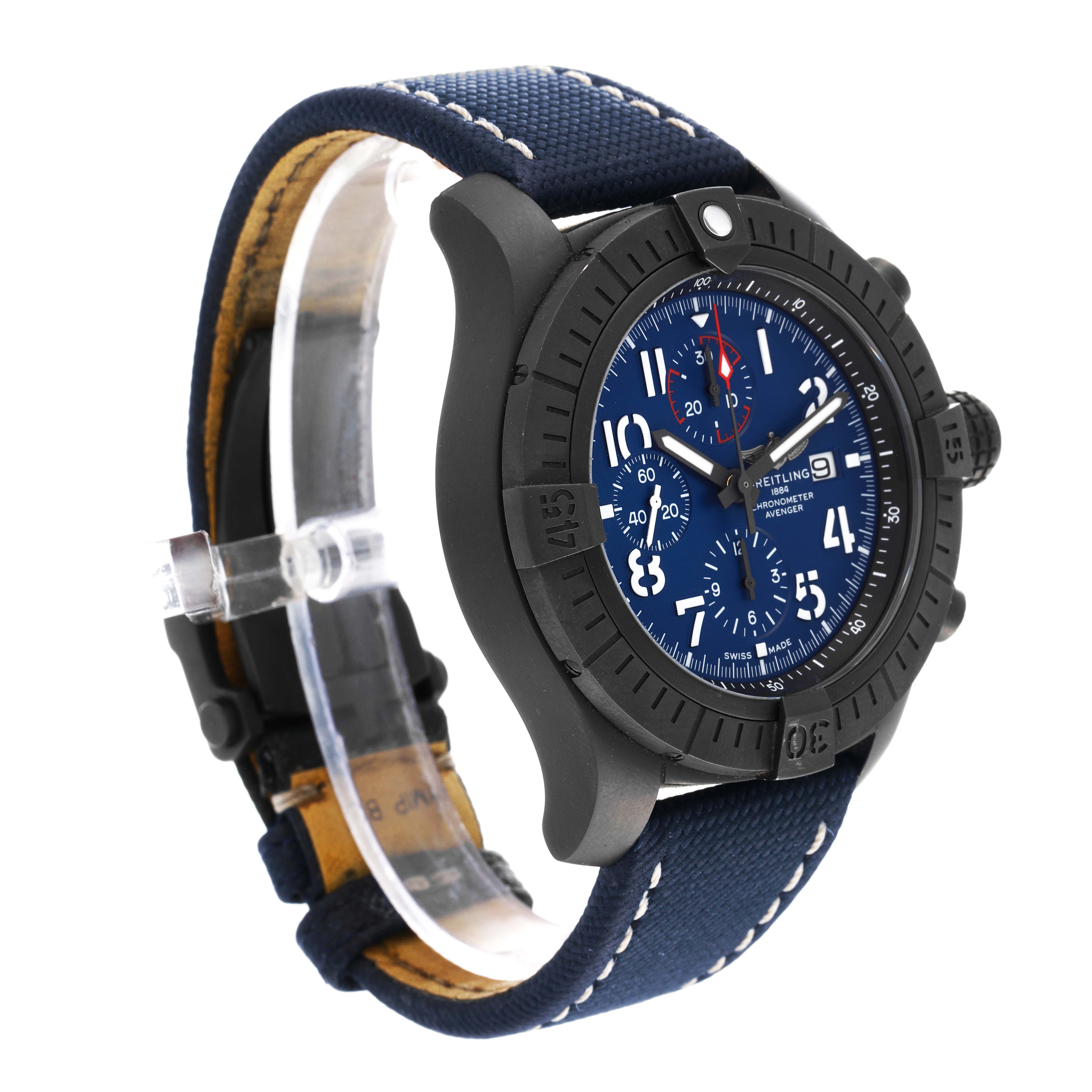 The Breitling Avenger V13375 Men's Titanium Blue Dial V13375 Men's Titanium Blue Dial watch is shown at a front-side angle, displaying its blue dial, chronograph subdials, black bezel, and blue strap.