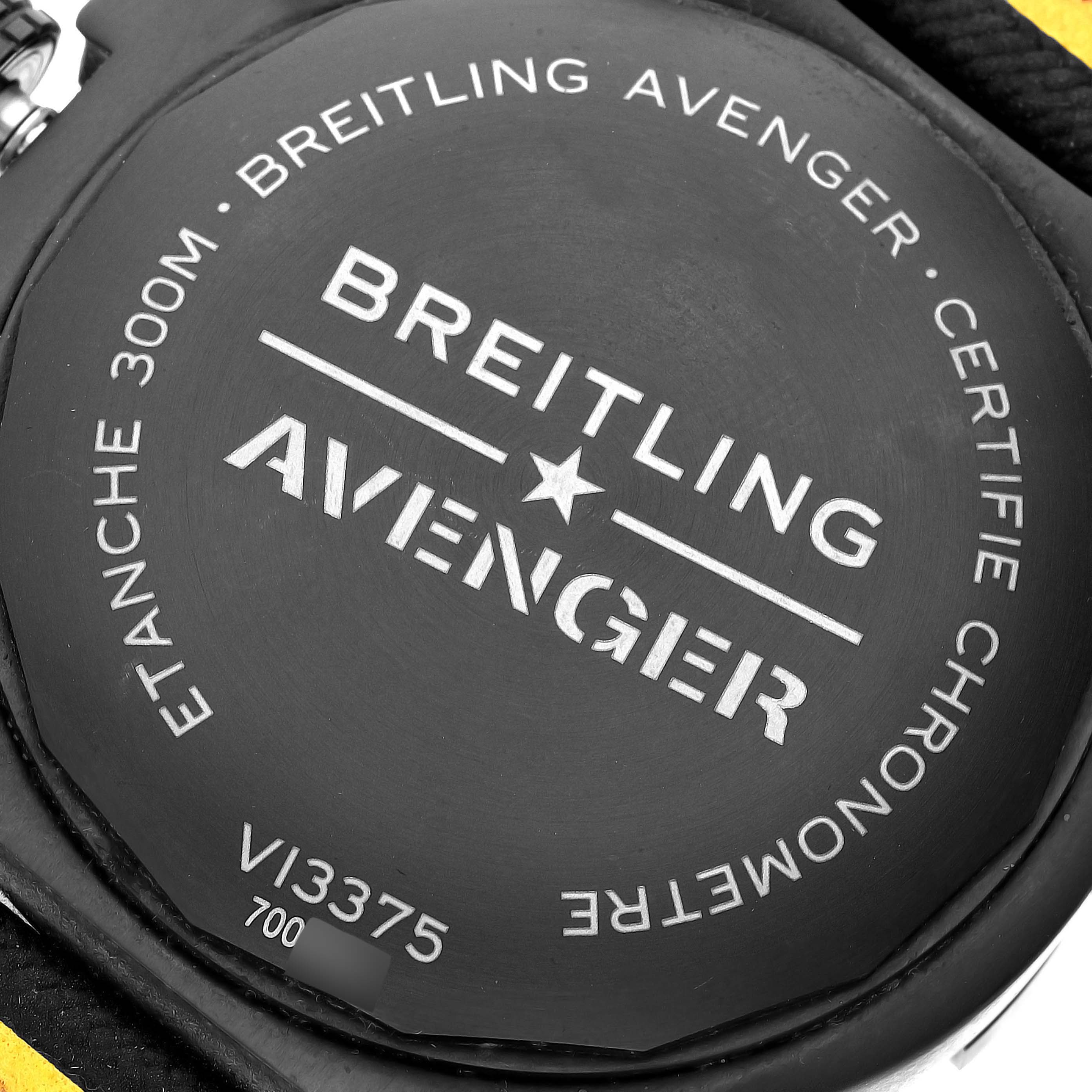 The image shows the back case of a Breitling Avenger V13375 Men's Titanium Blue Dial V13375 Men's Titanium Blue Dial watch from a slightly angled perspective.