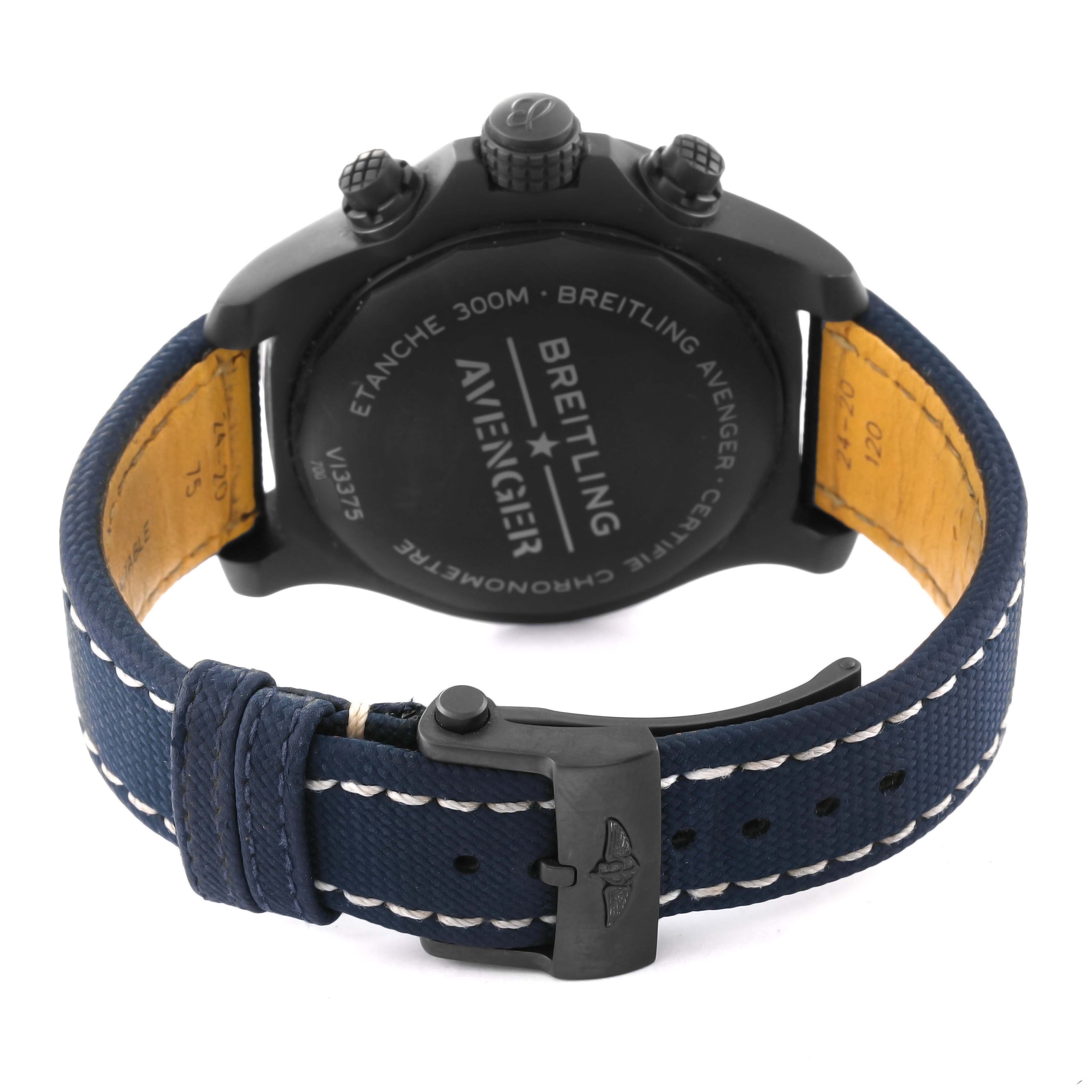 The image shows the back, strap, and buckle of a Breitling Avenger V13375 Men's Titanium Blue Dial V13375 Men's Titanium Blue Dial watch at a slight top-down angle.