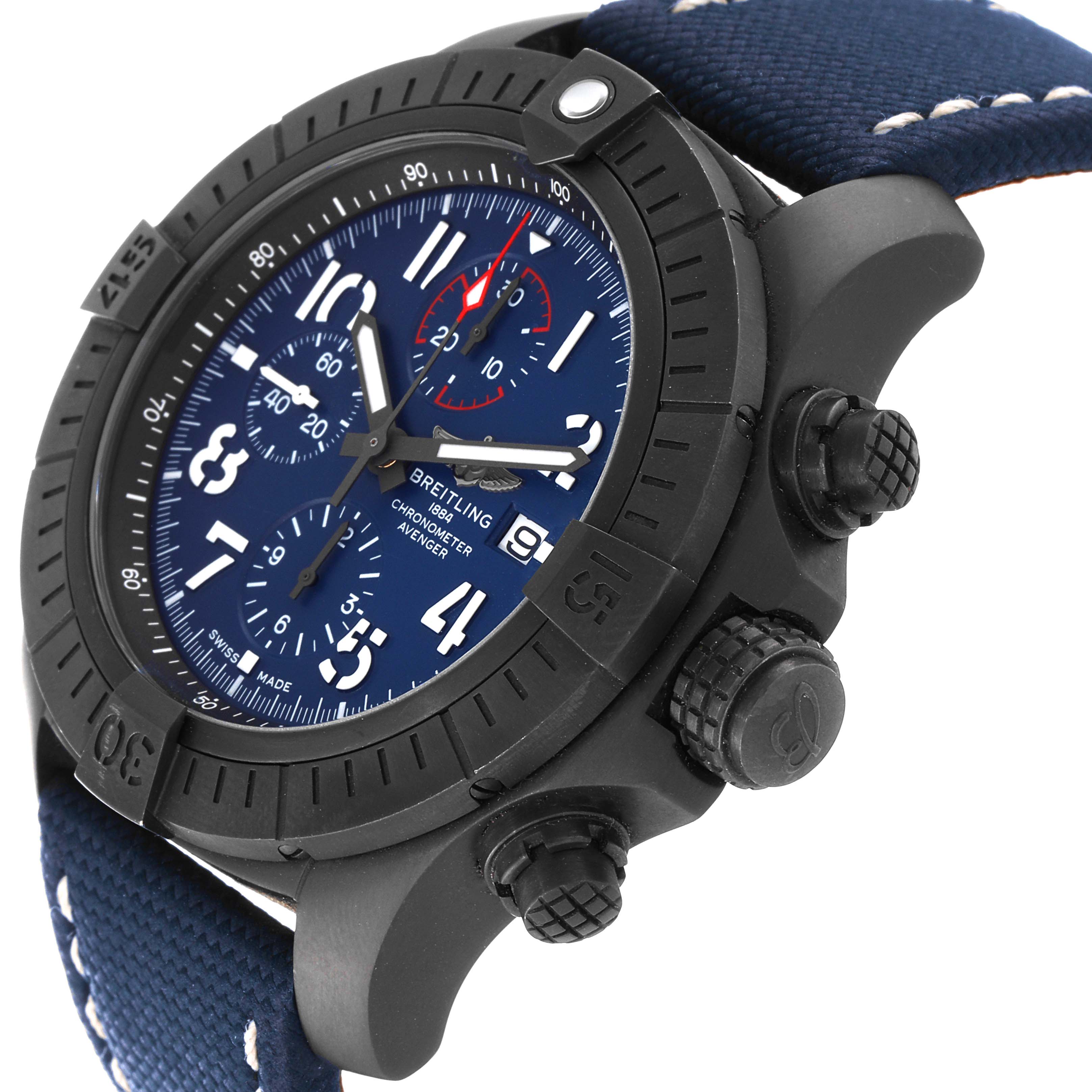 The image shows the front and side view of a Breitling Avenger V13375 Men's Titanium Blue Dial V13375 Men's Titanium Blue Dial watch, highlighting the bezel, dial, pushers, and strap.