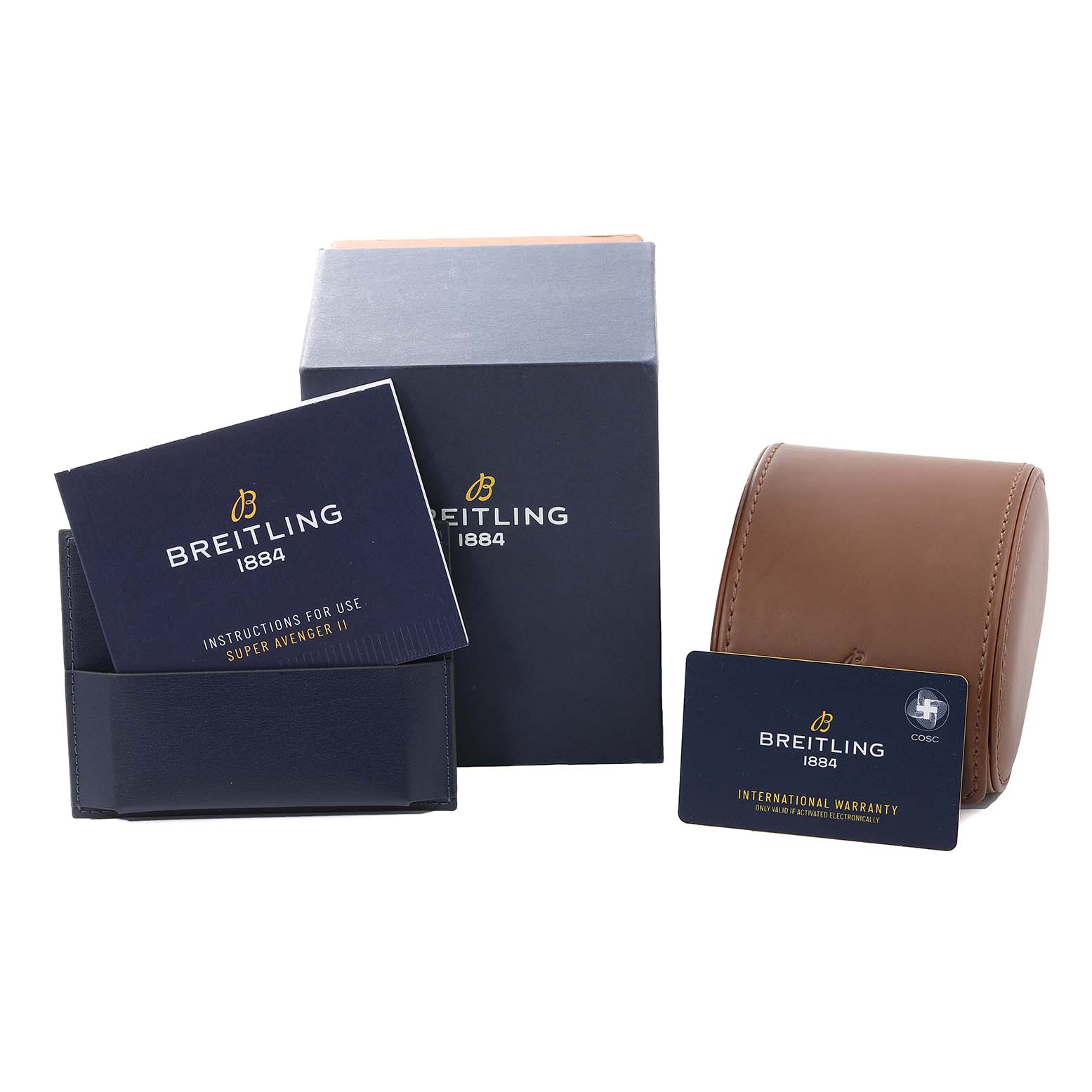 The image shows an upright angle of Breitling Avenger V13375 Men's Titanium Blue Dial V13375 Men's Titanium Blue Dial watch accessories, including the box, instruction manuals, watch case, and international warranty card.