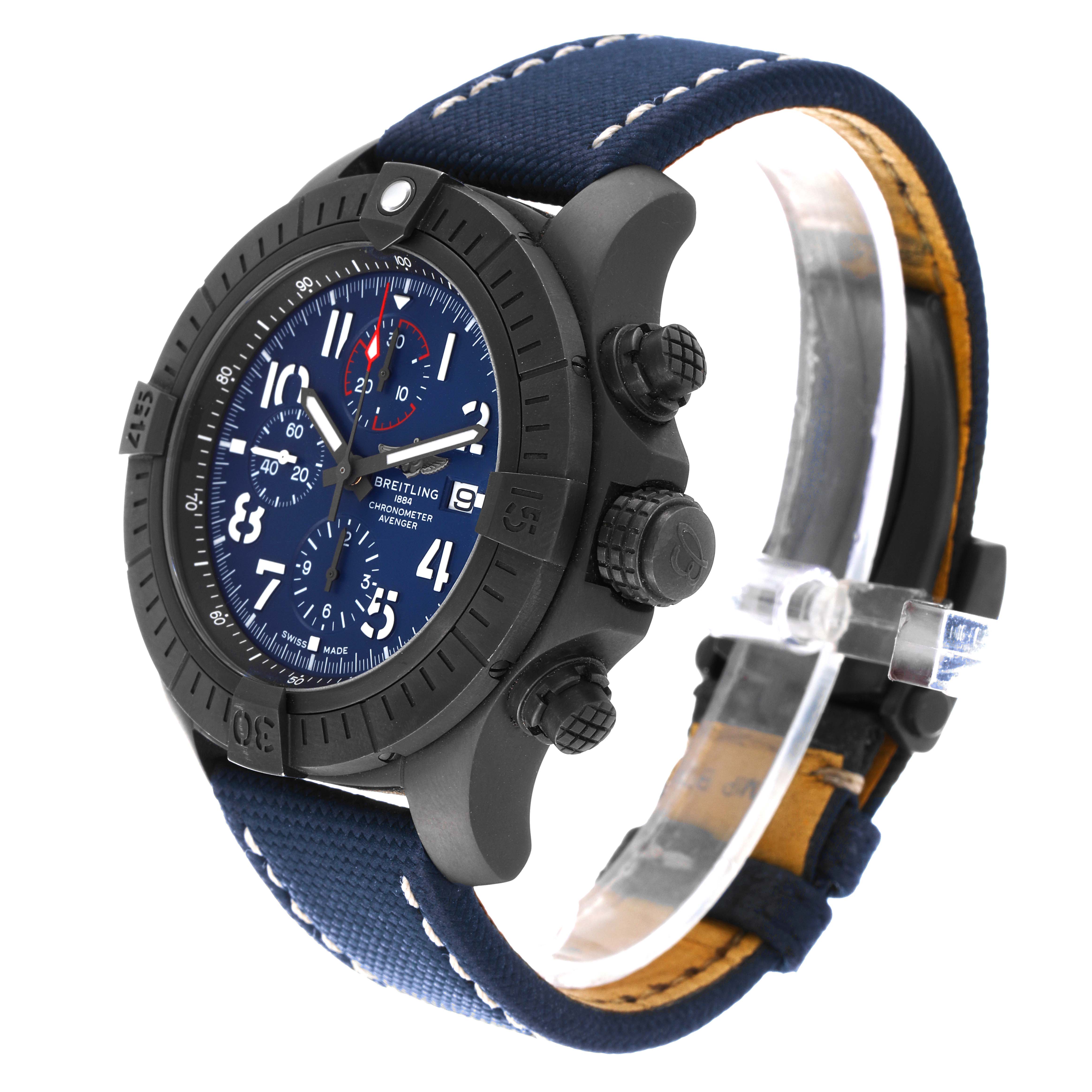 The image shows a side-angle view of a Breitling Avenger V13375 Men's Titanium Blue Dial V13375 Men's Titanium Blue Dial watch, highlighting its face, crown, and strap.