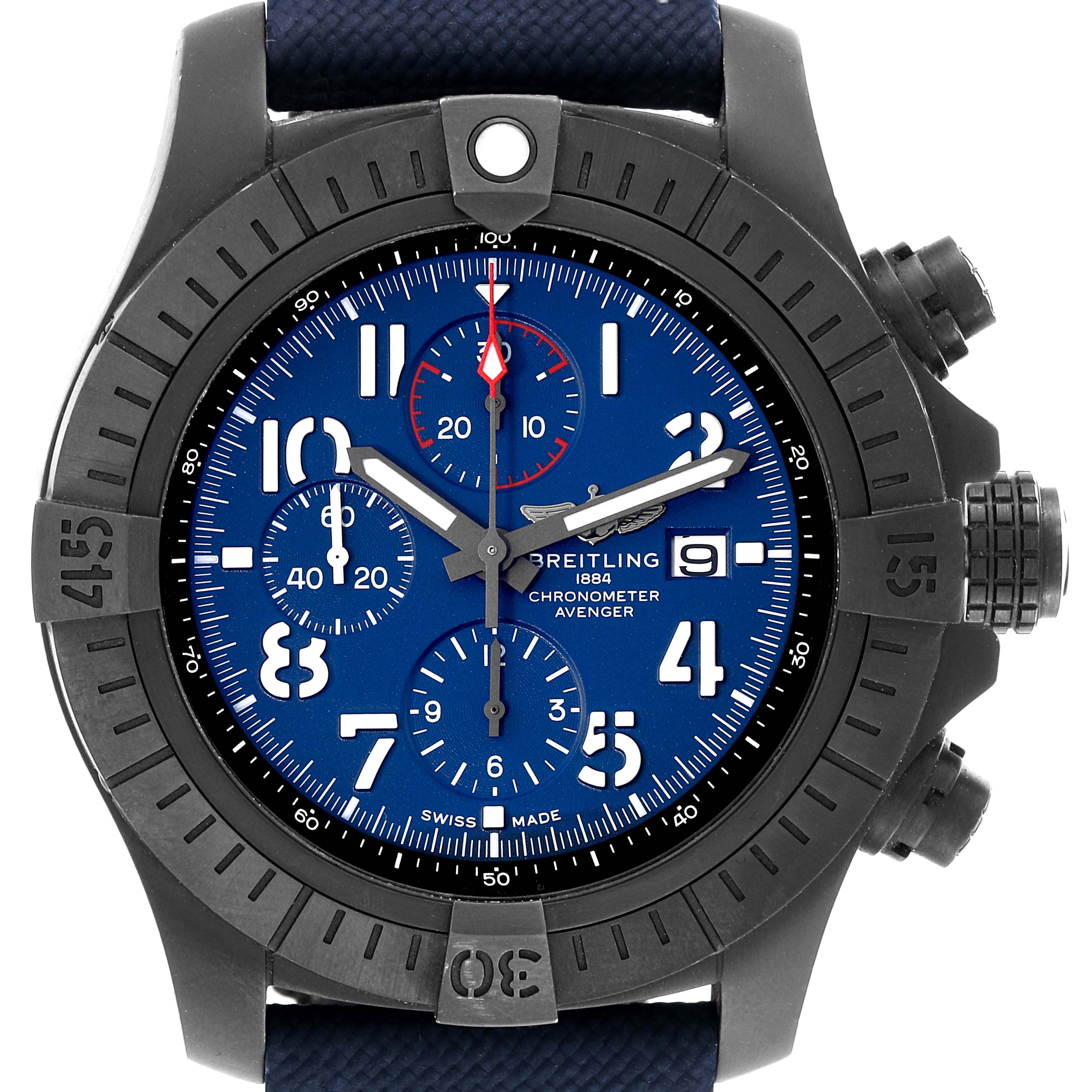 The image shows a front view of the Breitling Avenger V13375 Men's Titanium Blue Dial V13375 Men's Titanium Blue Dial watch, highlighting its face, bezel, and chronograph buttons.