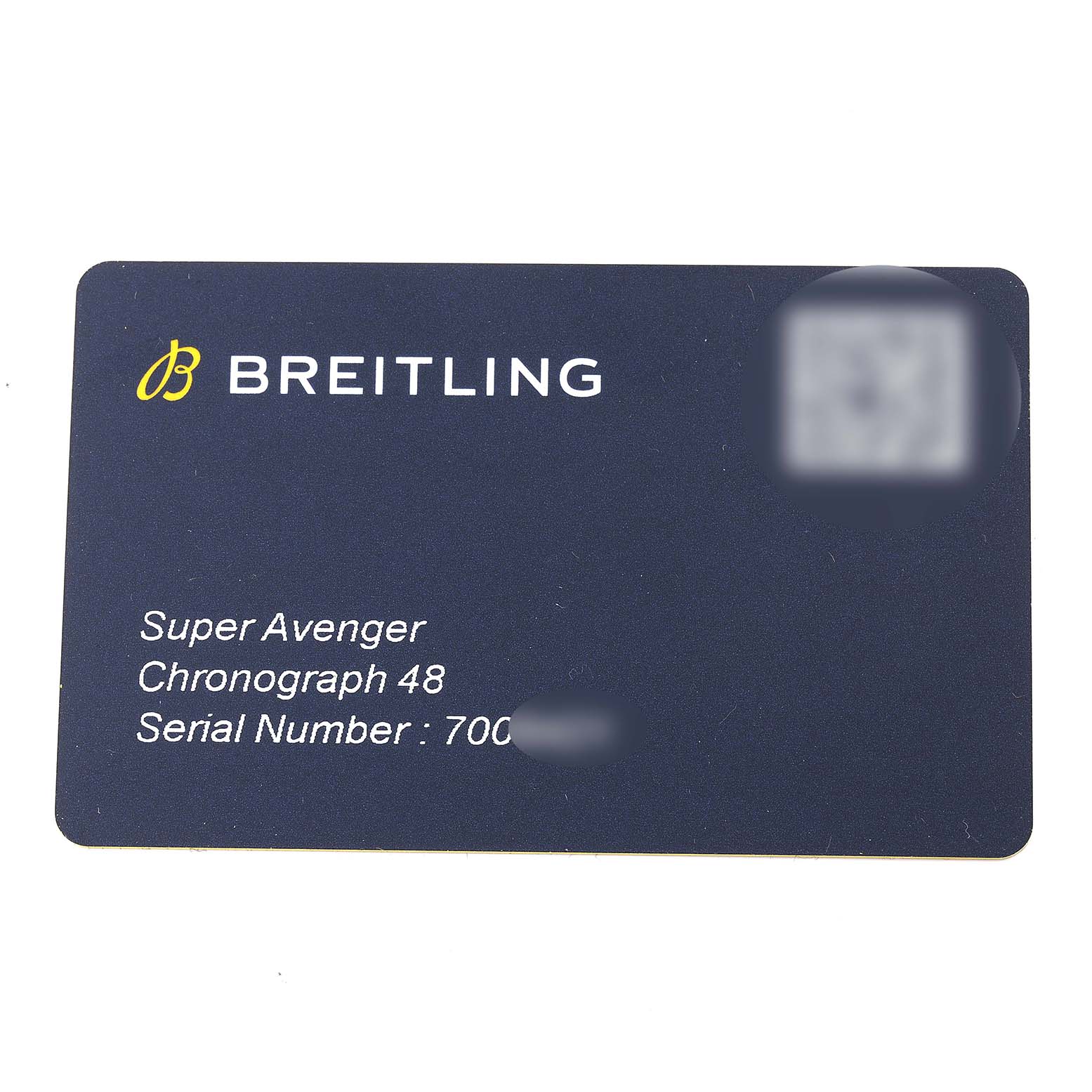 This image shows a Breitling Super Avenger Chronograph 48 warranty card featuring the brand, model, and serial number details.