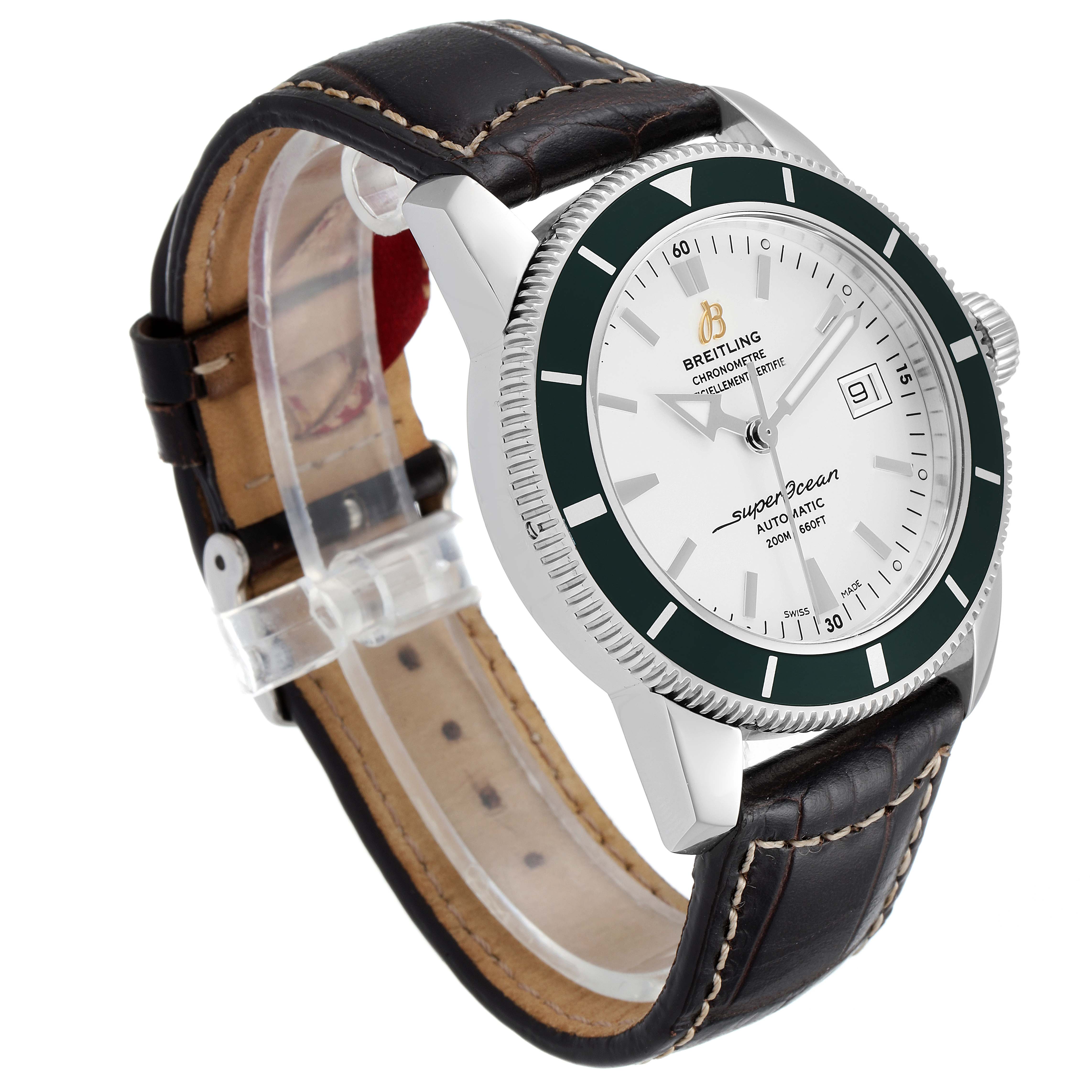 The Breitling Superocean A17321 Men
s Stainless Steel White Dial A17321 Men
s Stainless Steel White Dial watch is shown at an angled view displaying its dial, bezel, and part of its leather strap.