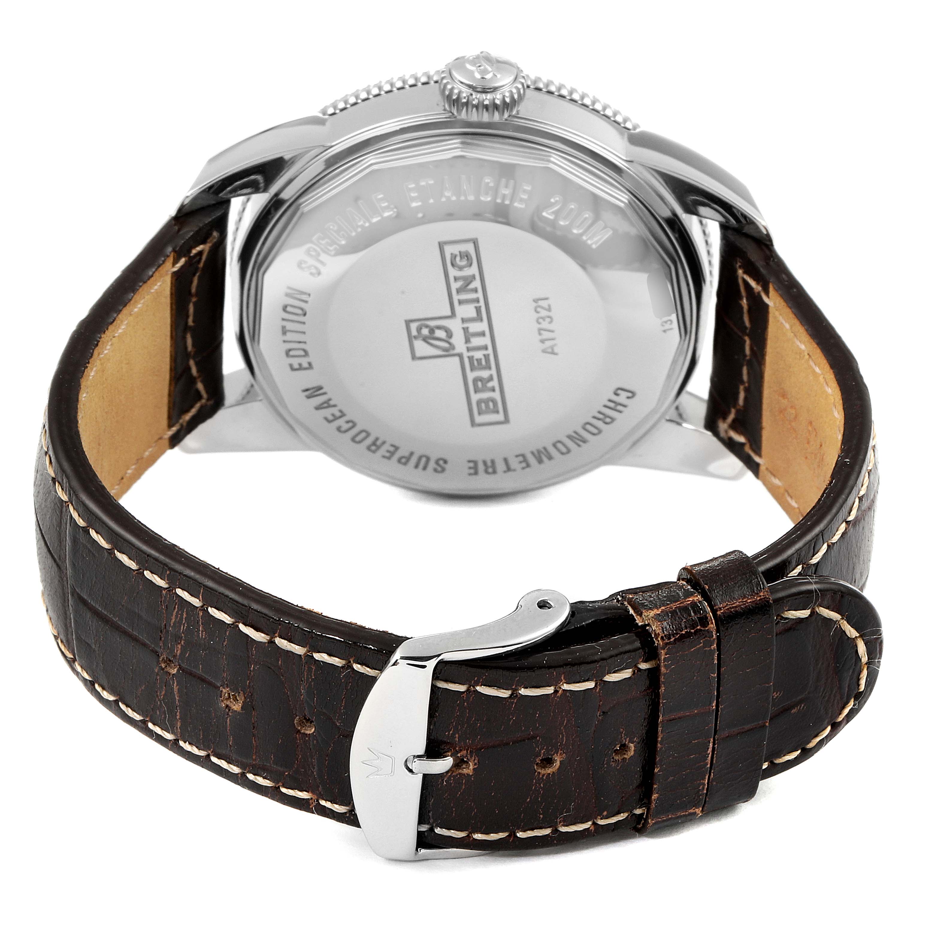 This image shows the backside and leather strap of the Breitling Superocean A17321 Men
s Stainless Steel White Dial A17321 Men
s Stainless Steel White Dial watch, featuring its case back details and buckle.