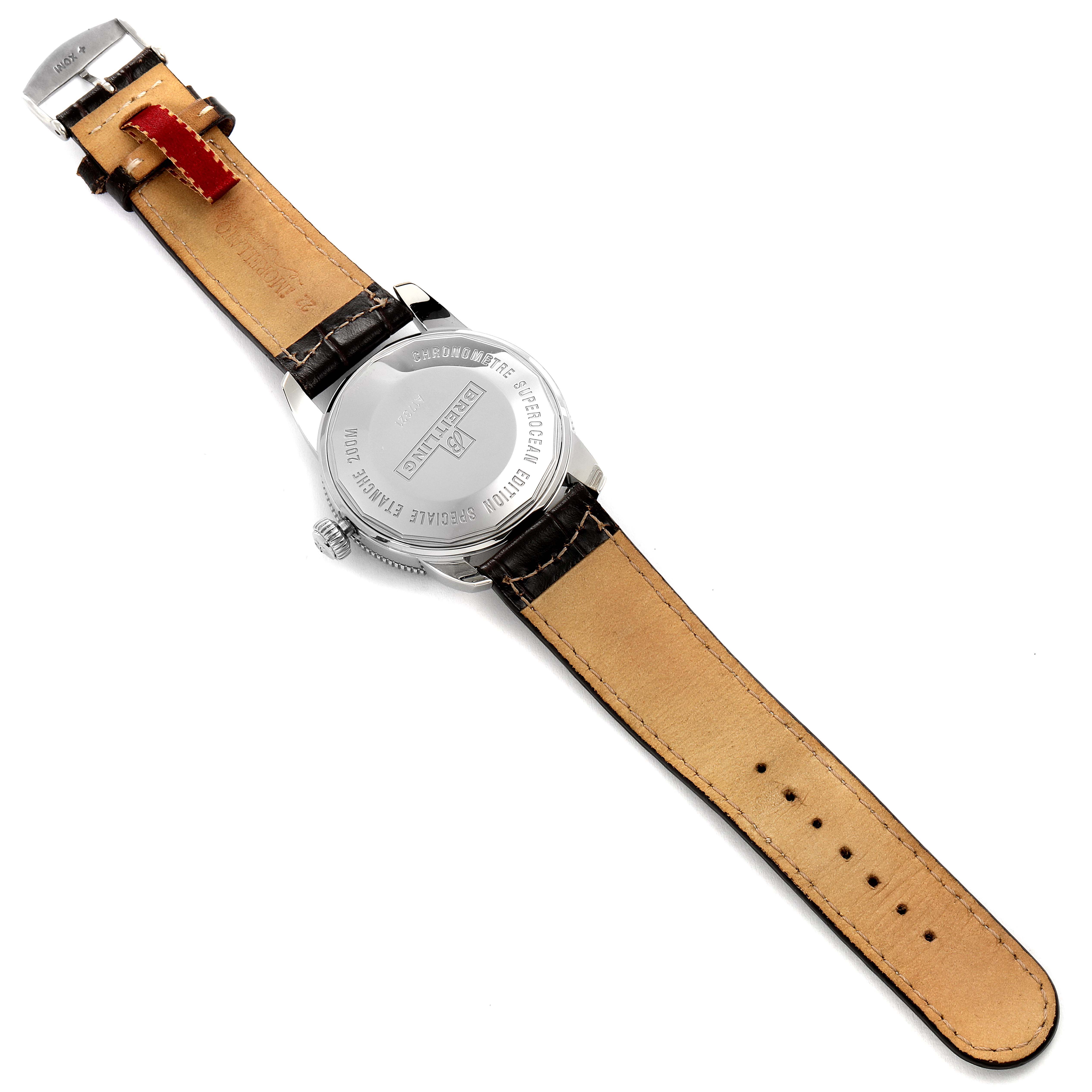 The image shows the back case and underside of the leather strap of the Breitling Superocean A17321 Men
s Stainless Steel White Dial A17321 Men
s Stainless Steel White Dial watch.