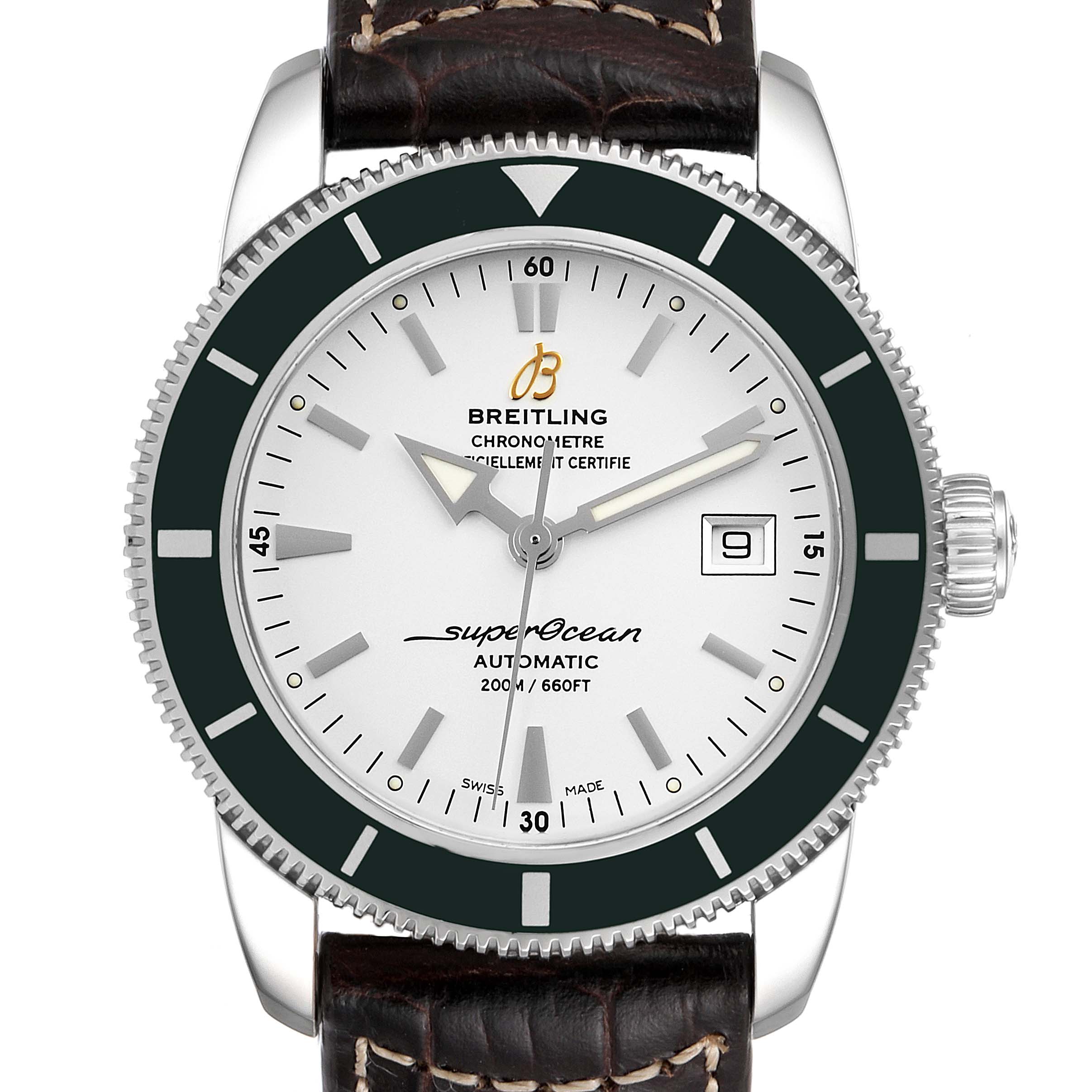 This is a front view of a Breitling Superocean A17321 Men
s Stainless Steel White Dial A17321 Men
s Stainless Steel White Dial model watch, showing the dial, bezel, crown, and part of the leather strap.