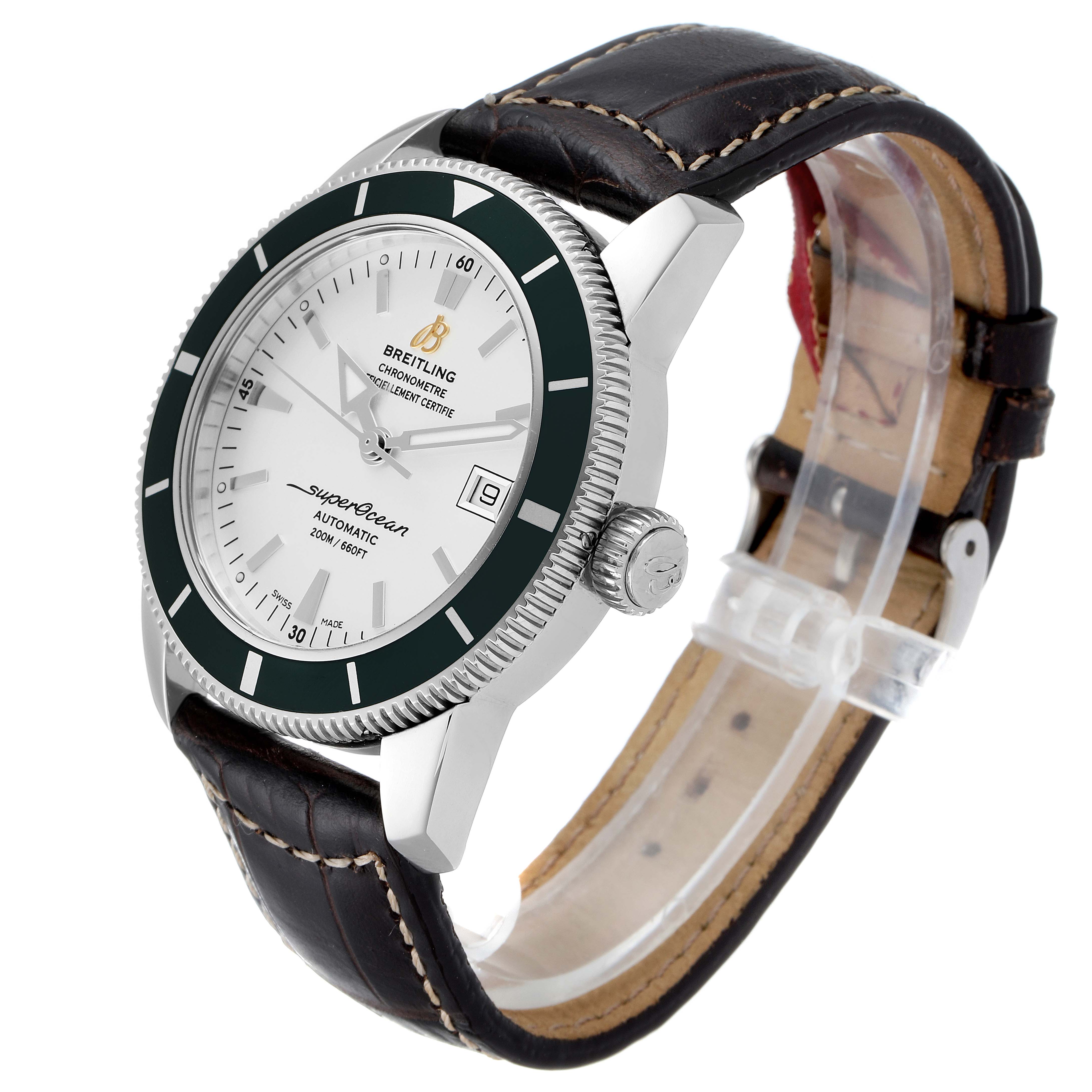 The Breitling Superocean A17321 Men
s Stainless Steel White Dial A17321 Men
s Stainless Steel White Dial watch is shown at an angle highlighting the face, bezel, crown, and leather strap.