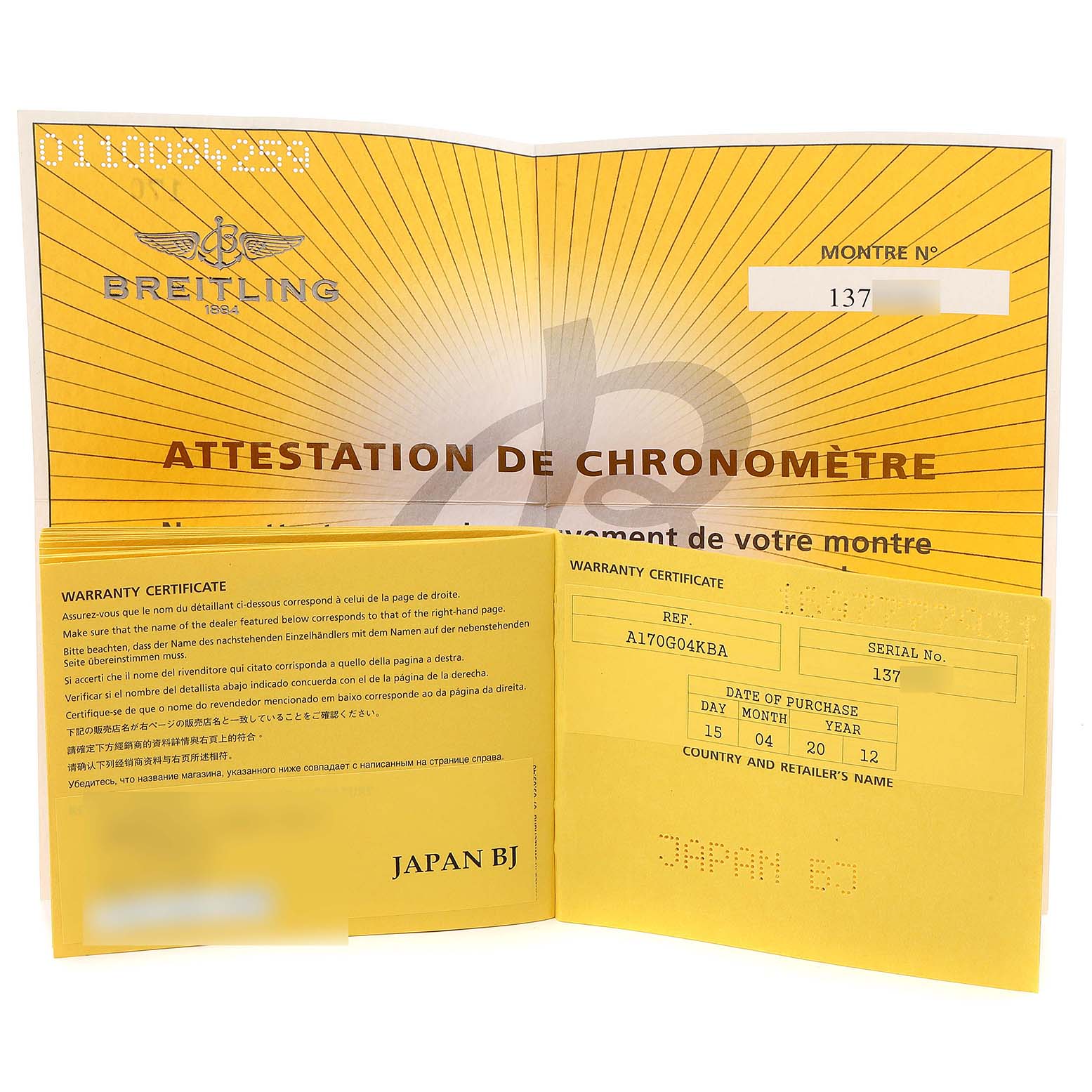 The image shows the warranty certificate and a chronometer attestation for a Breitling Superocean A17321 Men
s Stainless Steel White Dial A17321 Men
s Stainless Steel White Dial model, both displaying serial number 137.