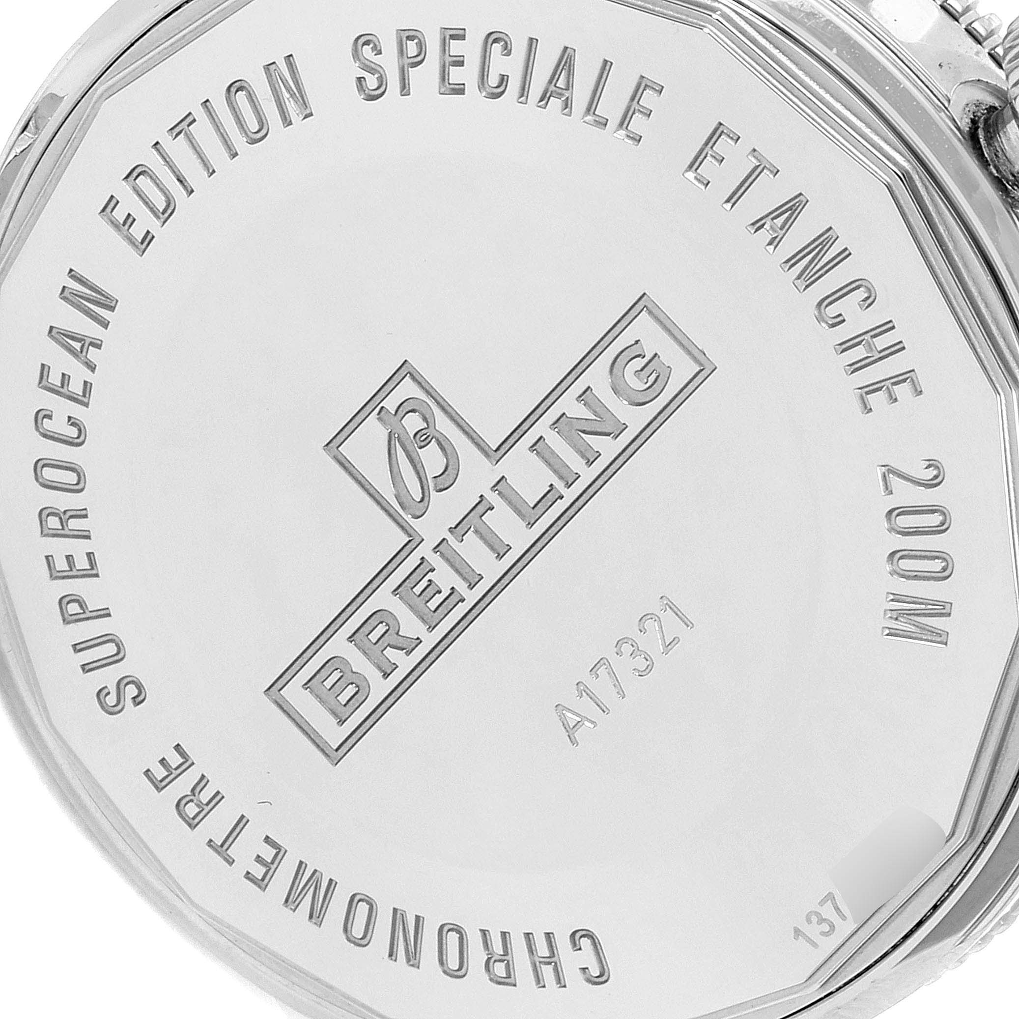 This image shows the case back of a Breitling Superocean A17321 Men
s Stainless Steel White Dial A17321 Men
s Stainless Steel White Dial watch, featuring engraved branding and specifications.