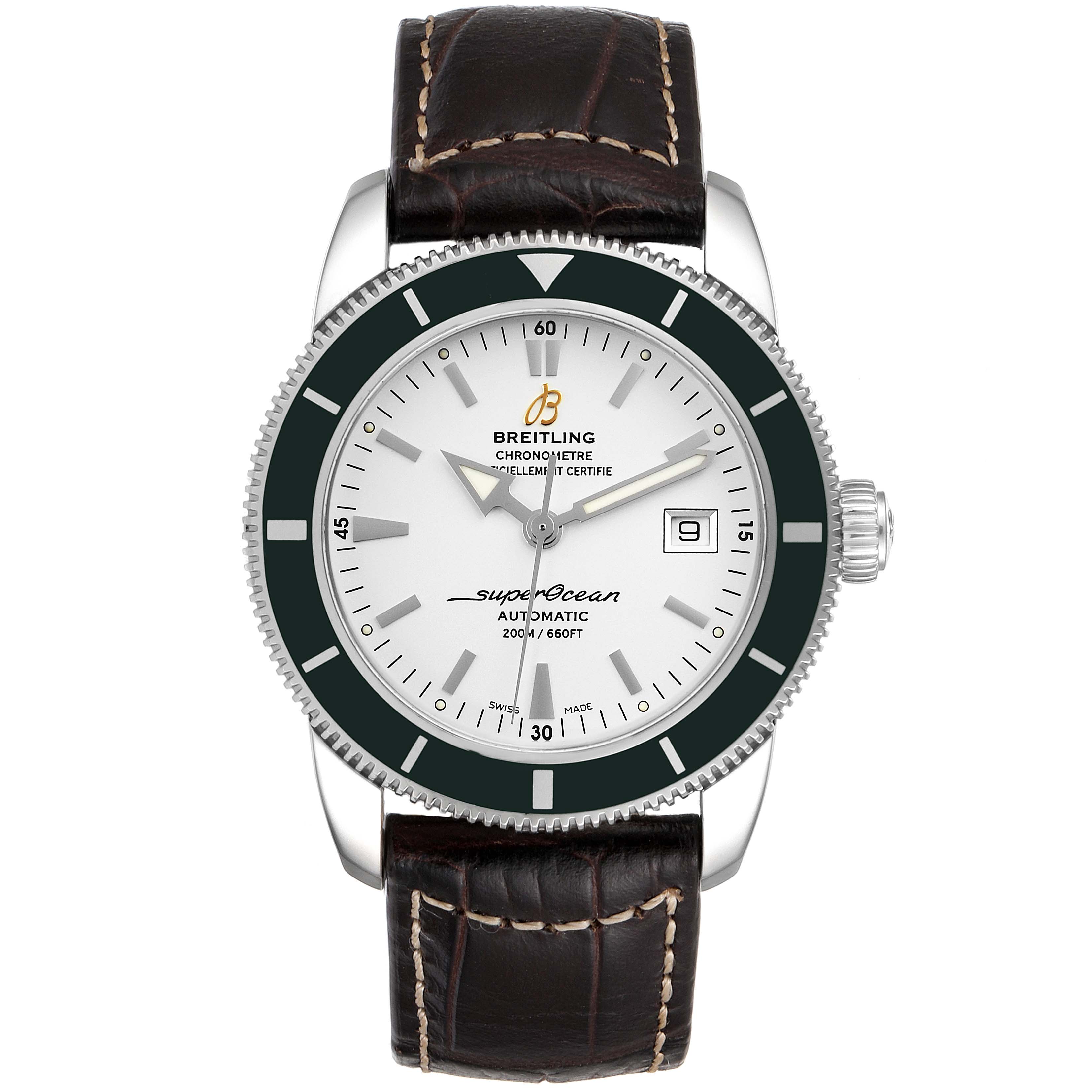 The image shows a front view of the Breitling Superocean A17321 Men
s Stainless Steel White Dial A17321 Men
s Stainless Steel White Dial watch, featuring a leather strap and date display.