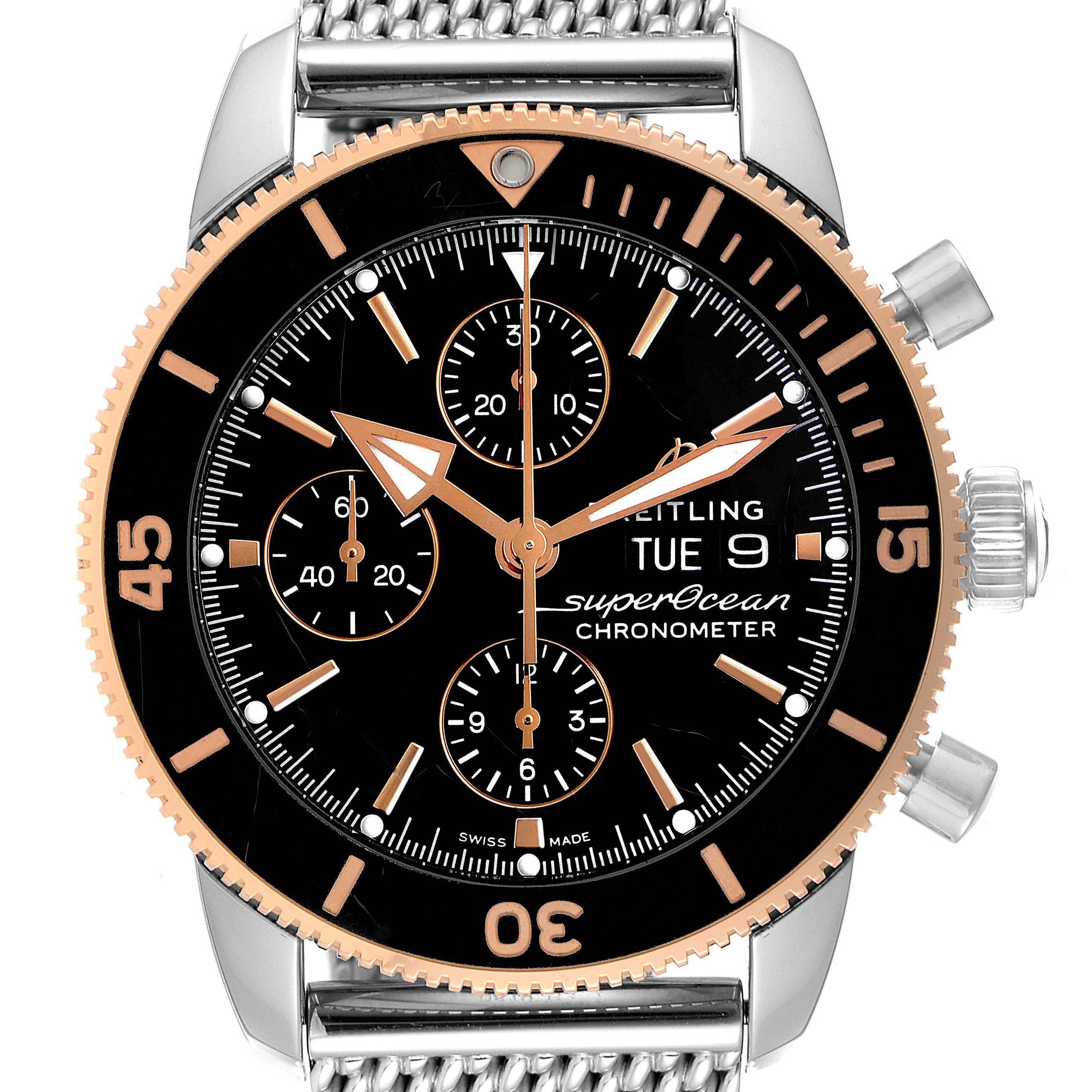 The image shows a front view of the Breitling Superocean U13313121B1A1 Men's Steel and Gold (two tone) Black Dial U13313121B1A1 Men's Steel and Gold (two tone) Black Dial watch, highlighting its dial, bezel, buttons, and part of the strap.