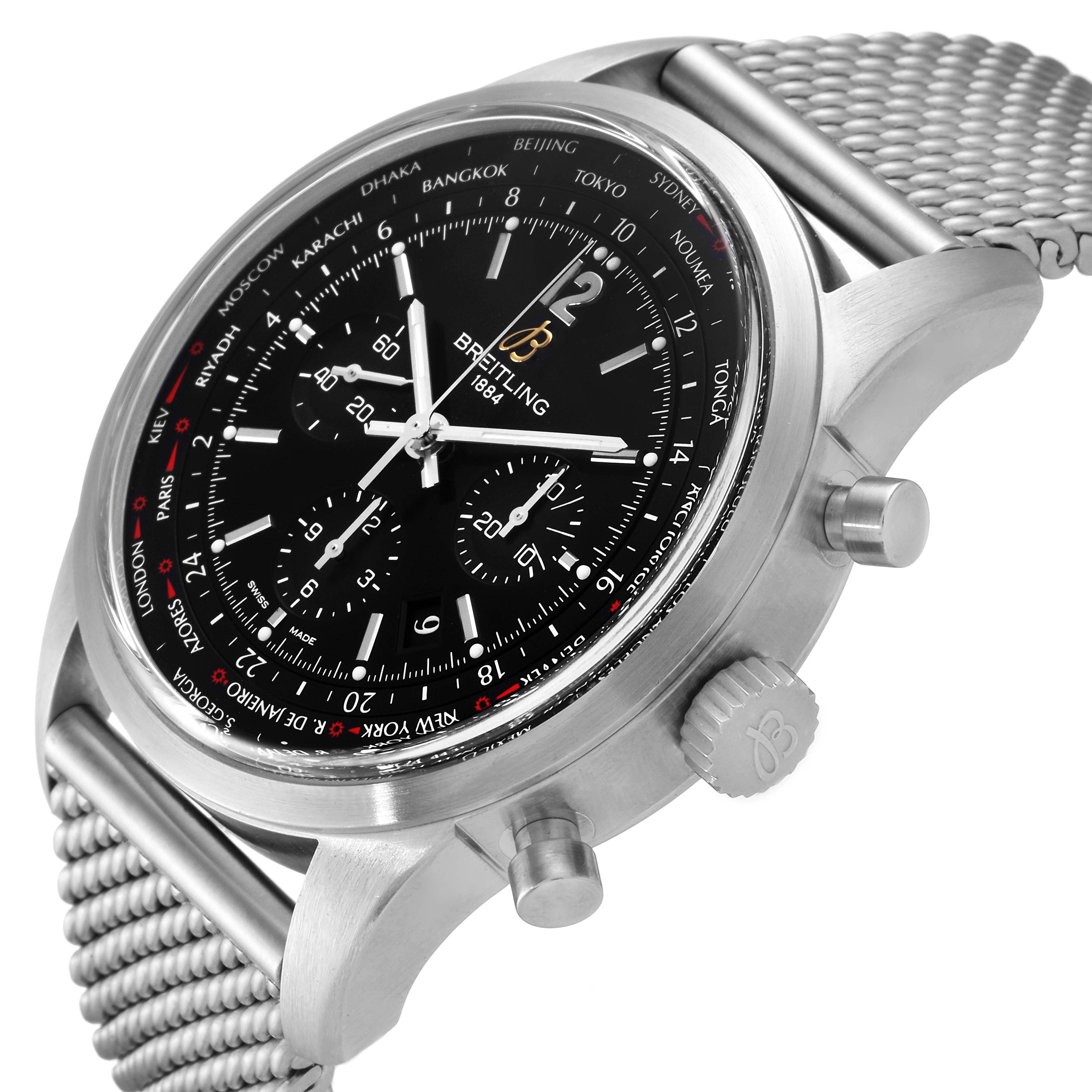 This image shows a side angle of the Breitling Transocean AB0510 Men's Stainless Steel Black Dial AB0510 Men's Stainless Steel Black Dial watch featuring the face, crown, pushers, and a mesh bracelet.