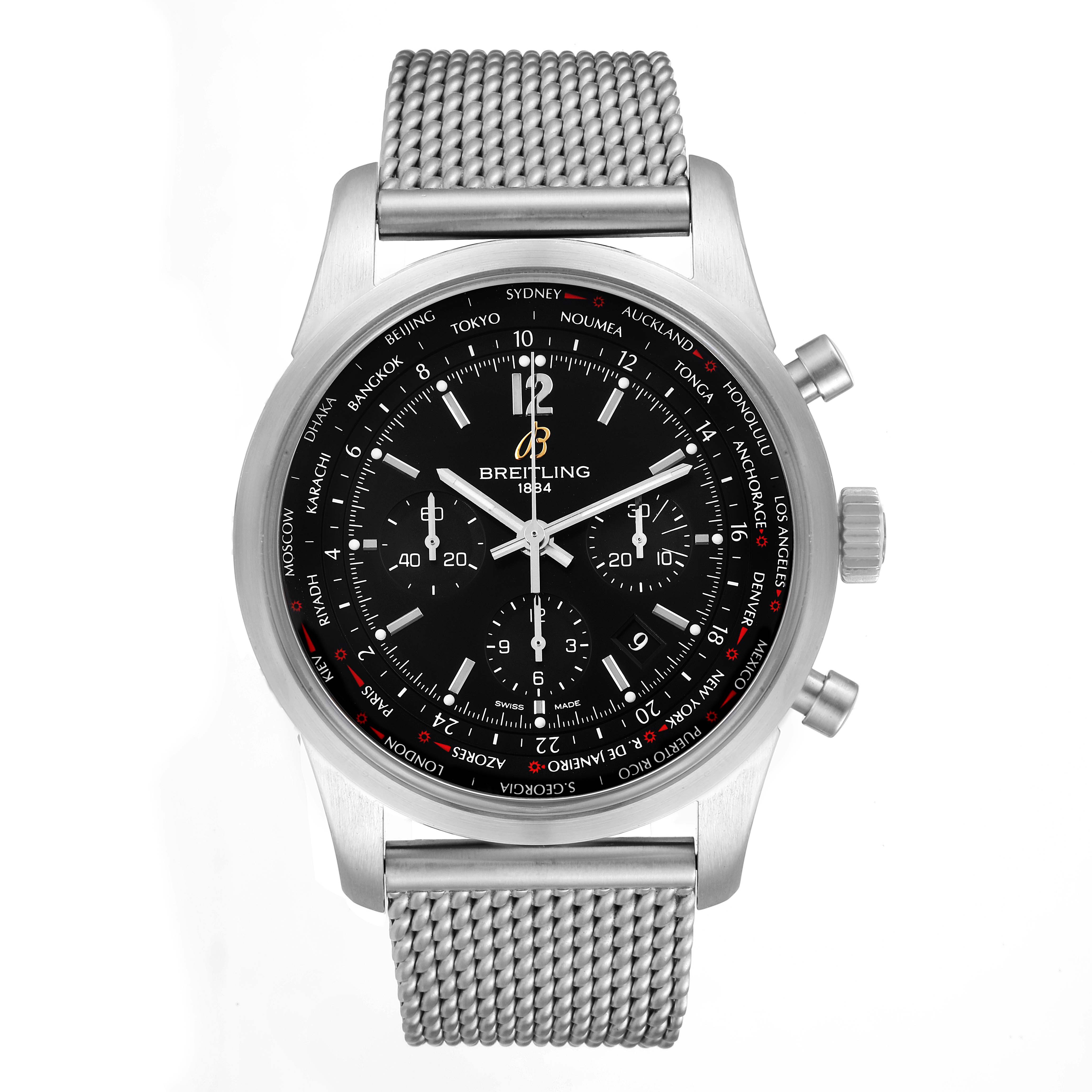 The Breitling Transocean AB0510 Men's Stainless Steel Black Dial AB0510 Men's Stainless Steel Black Dial watch is shown from a front angle, displaying its face and stainless steel mesh strap.
