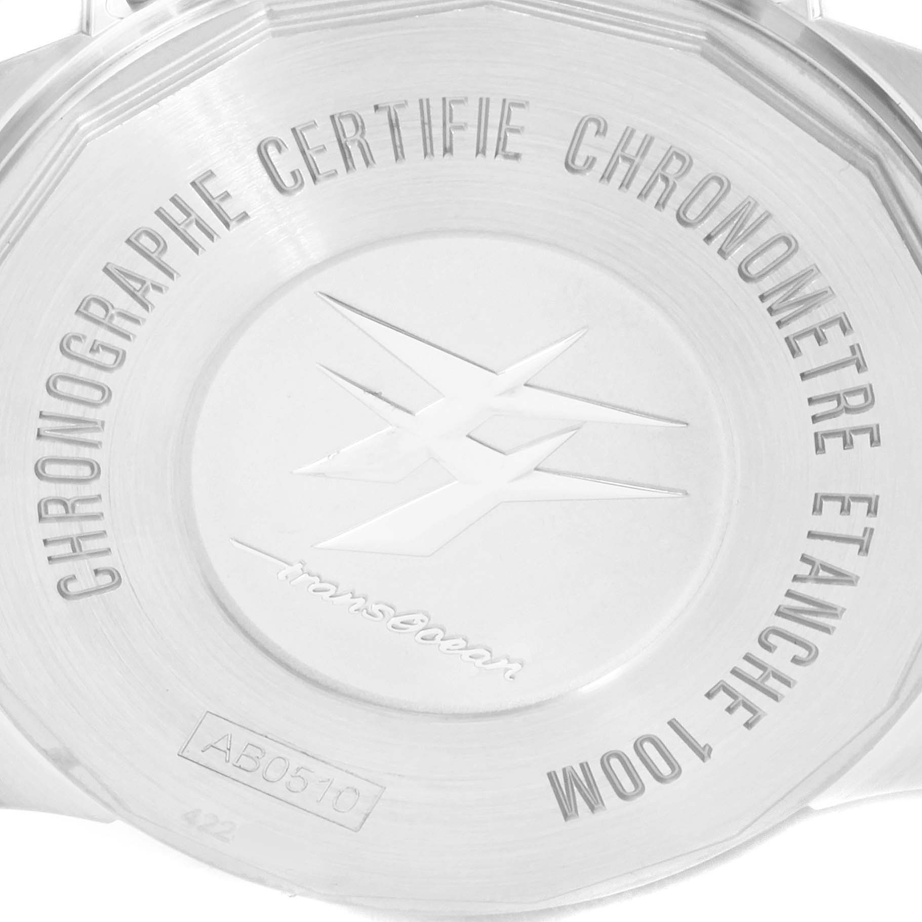 The image shows the back case of a Breitling Transocean AB0510 Men's Stainless Steel Black Dial AB0510 Men's Stainless Steel Black Dial watch, engraved with model and certification details.