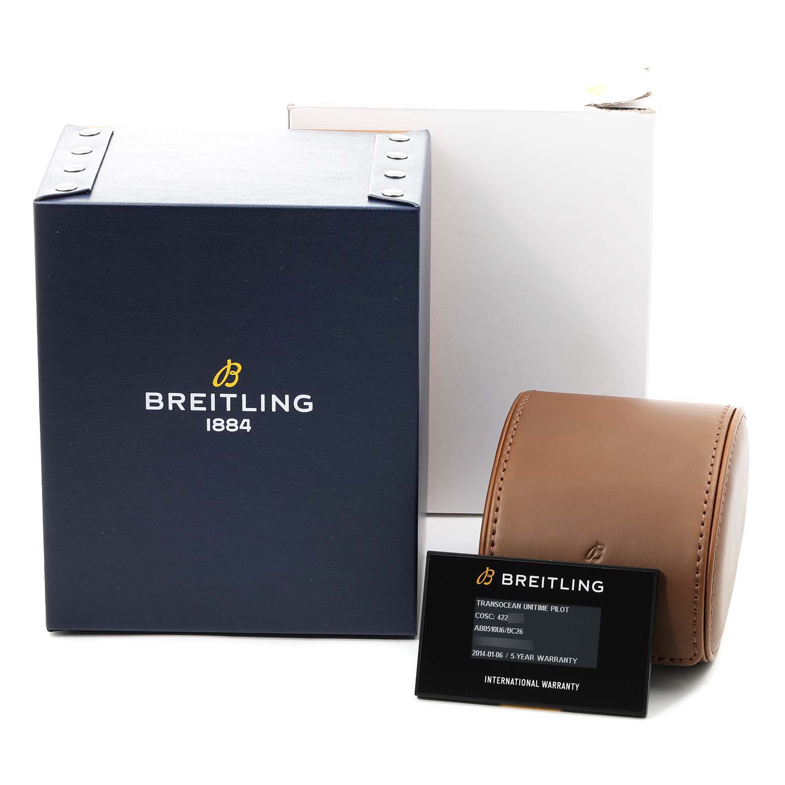 The image shows the box, travel case, and warranty card for a Breitling Transocean AB0510 Men's Stainless Steel Black Dial AB0510 Men's Stainless Steel Black Dial watch.