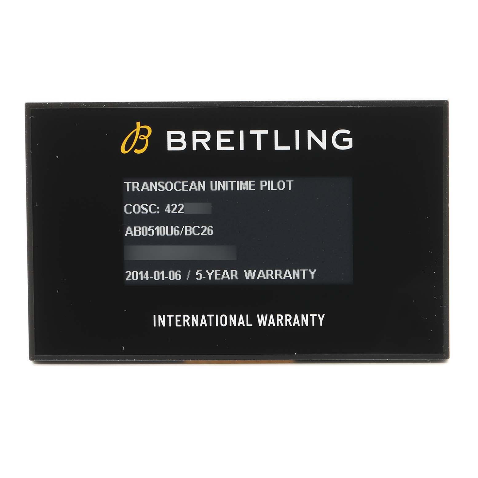 The image shows an international warranty card for the Breitling Transocean AB0510 Men's Stainless Steel Black Dial AB0510 Men's Stainless Steel Black Dial UnTime Pilot watch.