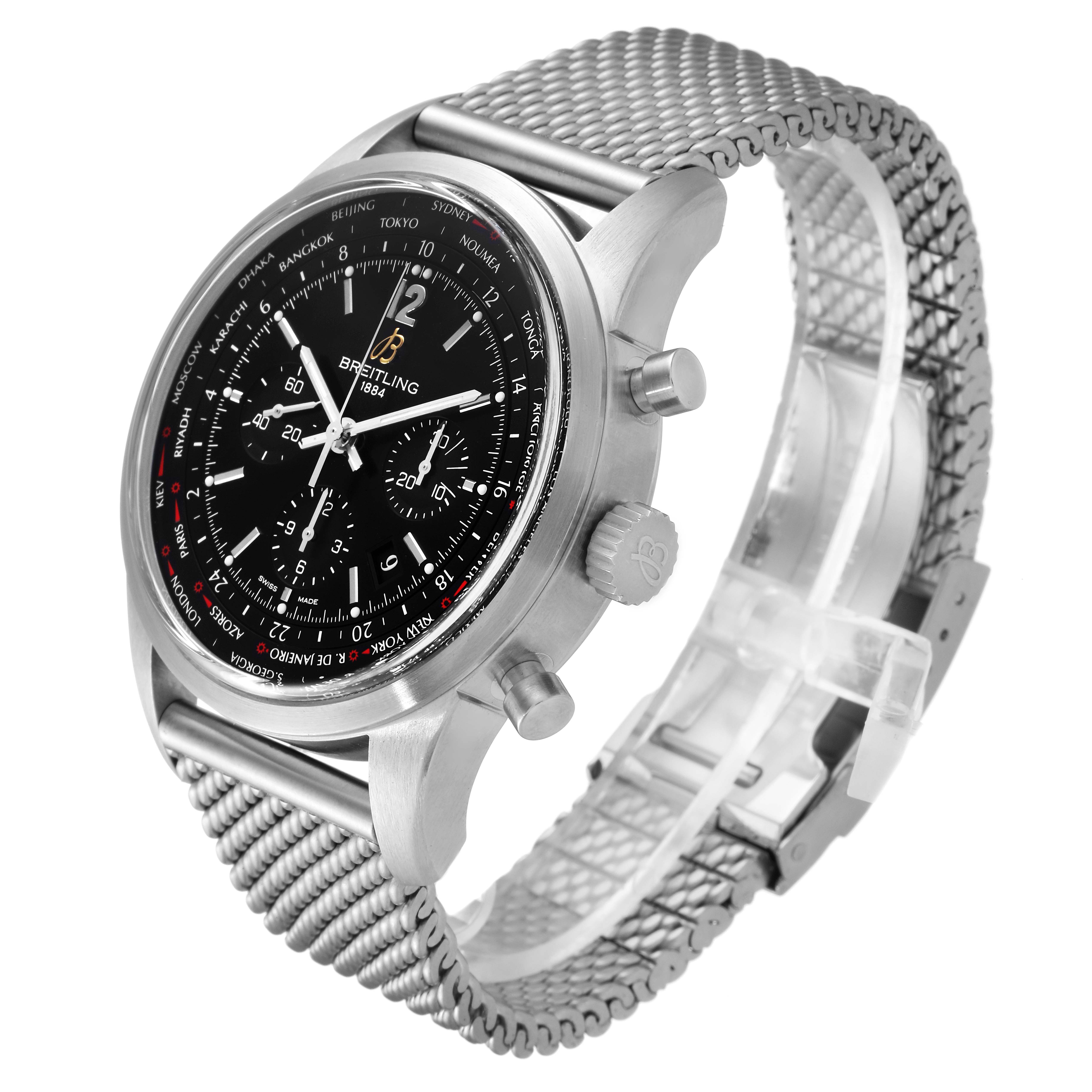 The Breitling Transocean AB0510 Men's Stainless Steel Black Dial AB0510 Men's Stainless Steel Black Dial watch is shown at an angle highlighting the mesh strap, side crown, pushers, and black dial.