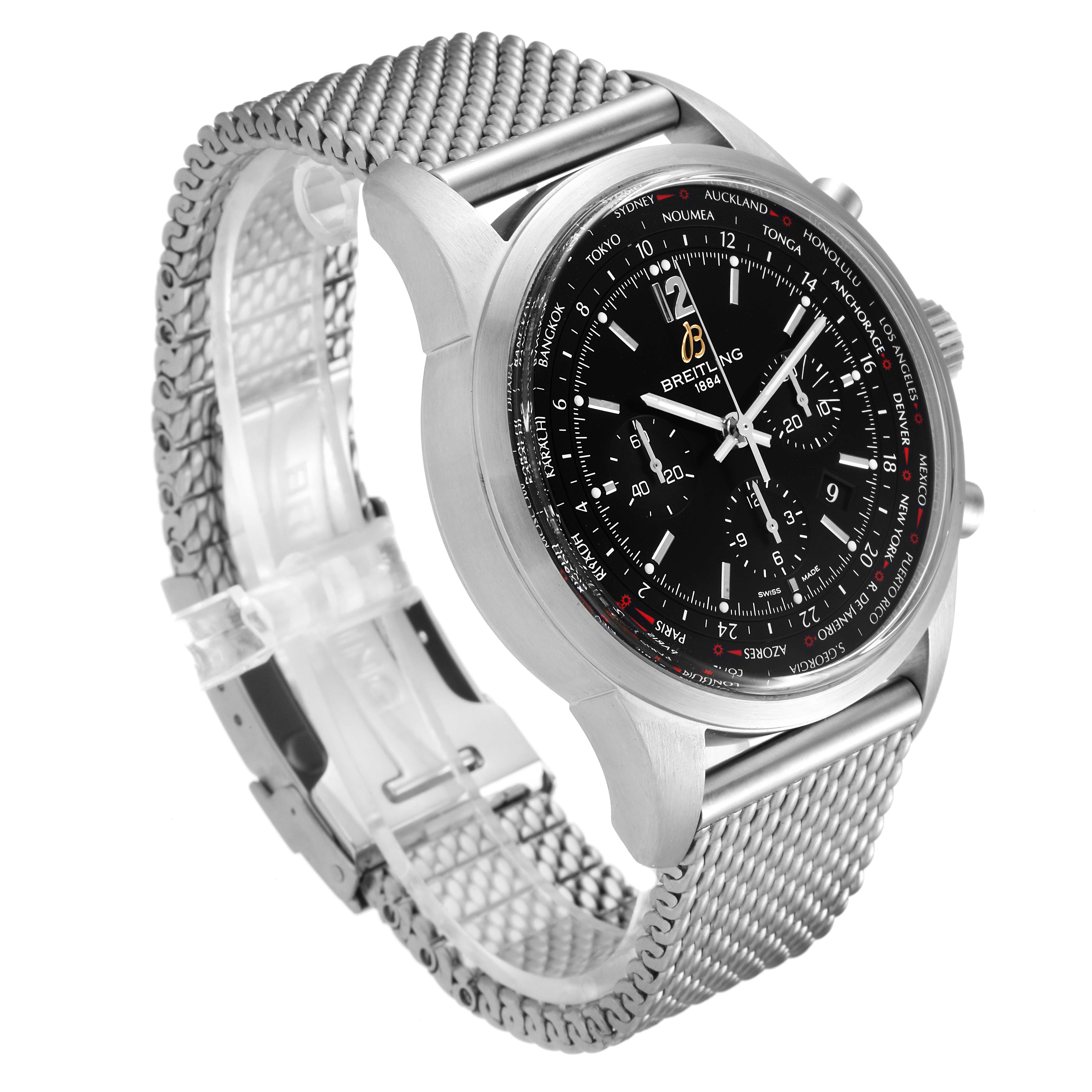 The Breitling Transocean AB0510 Men's Stainless Steel Black Dial AB0510 Men's Stainless Steel Black Dial watch is shown at an angle displaying the face, bezel, and the mesh strap with a clear clasp.