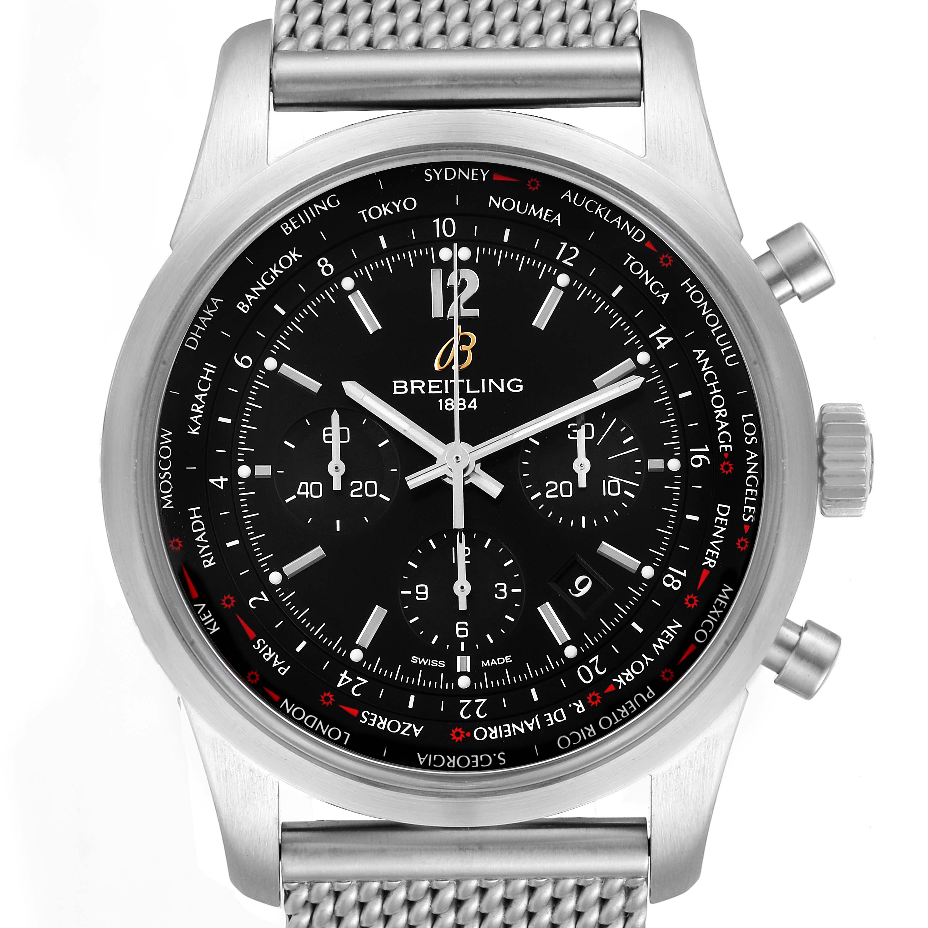 The image shows a front view of the Breitling Transocean AB0510 Men's Stainless Steel Black Dial AB0510 Men's Stainless Steel Black Dial watch, highlighting the dial, sub-dials, bezel, and mesh bracelet.