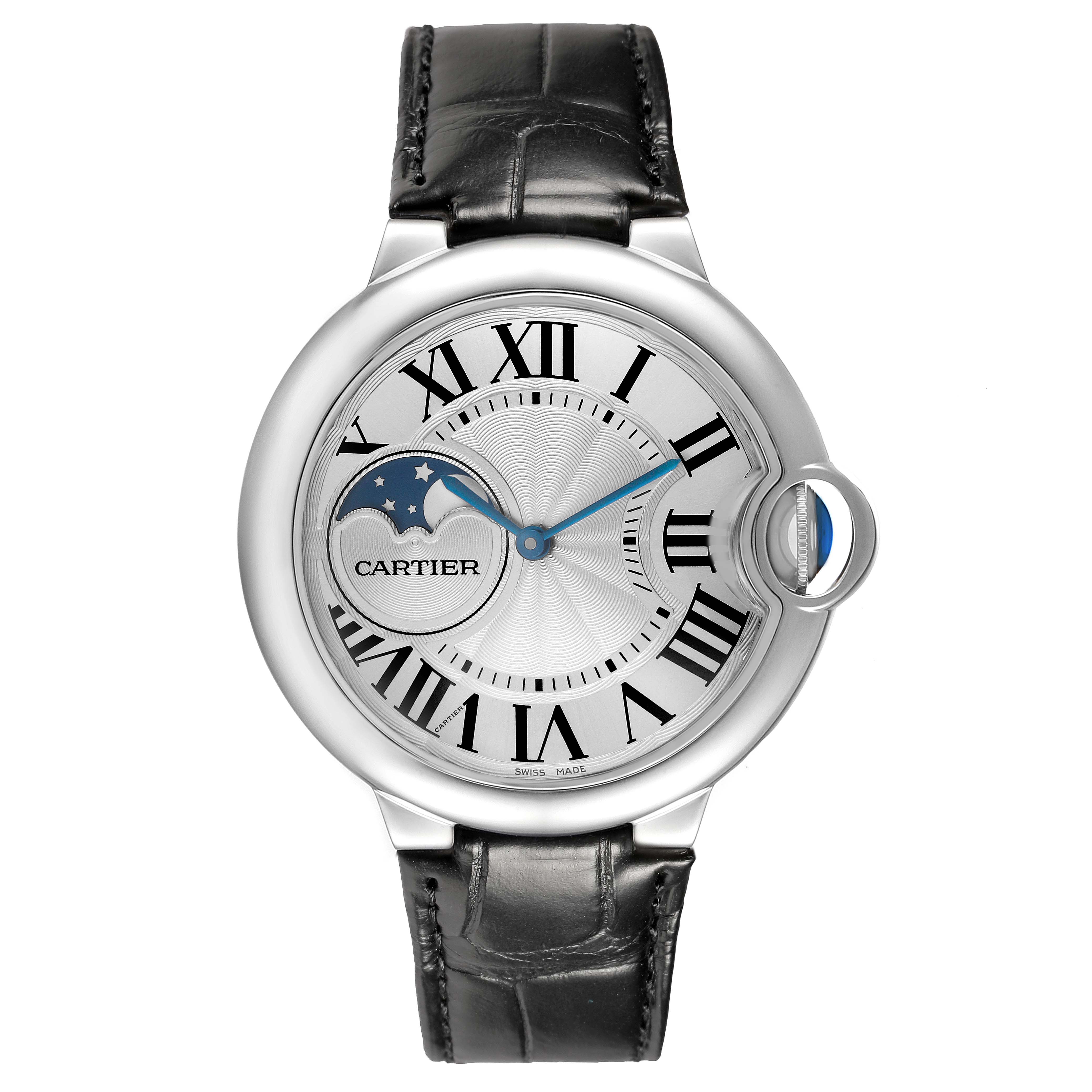 The Cartier Ballon Bleu WSBB0020 Men's Stainless Steel Silver Dial watch is shown in a front view, highlighting its round face, Roman numerals, moon phase display, and leather strap.