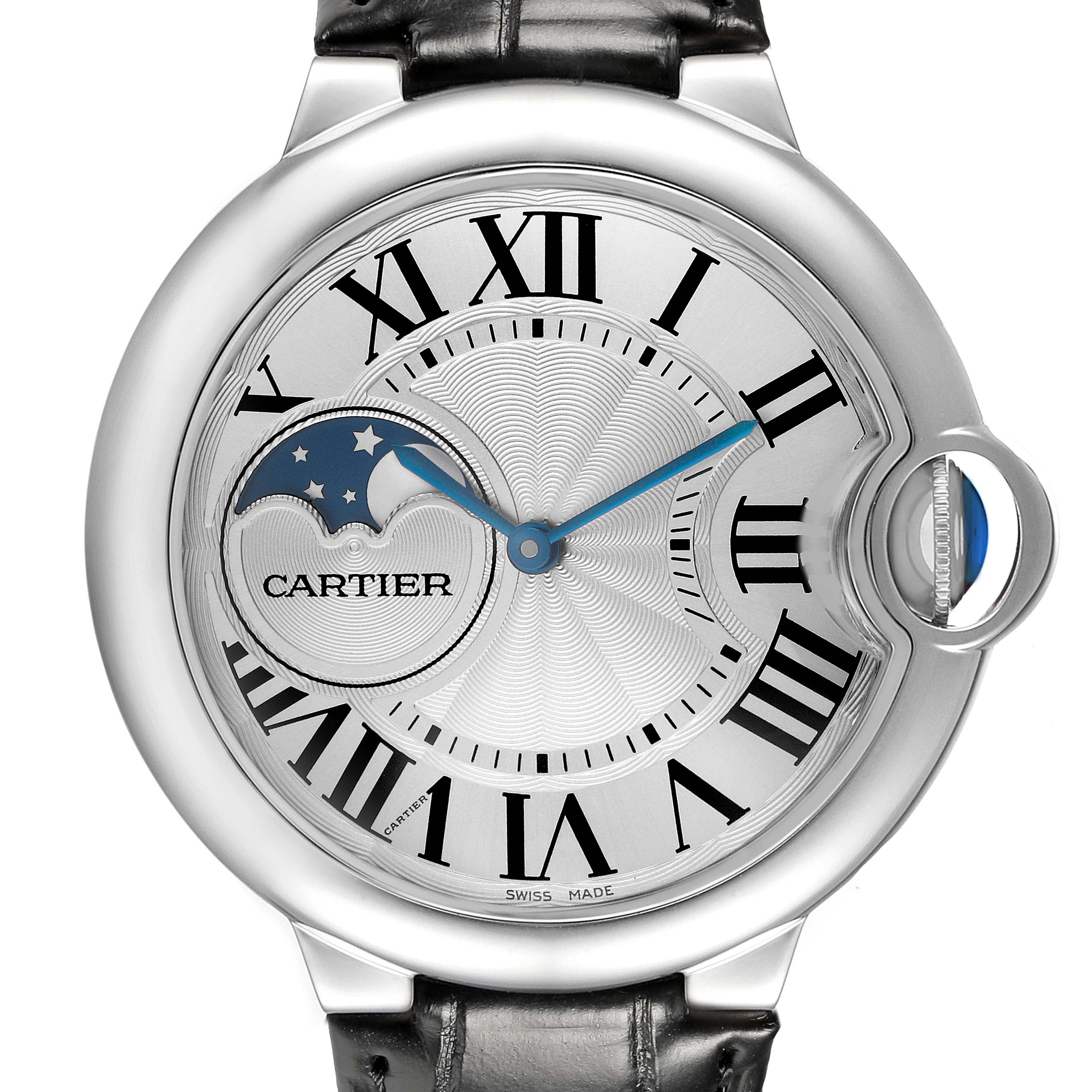 The Cartier Ballon Bleu WSBB0020 Men's Stainless Steel Silver Dial watch is shown from a front angle, displaying its face with Roman numerals, moon phase, and blue hands.