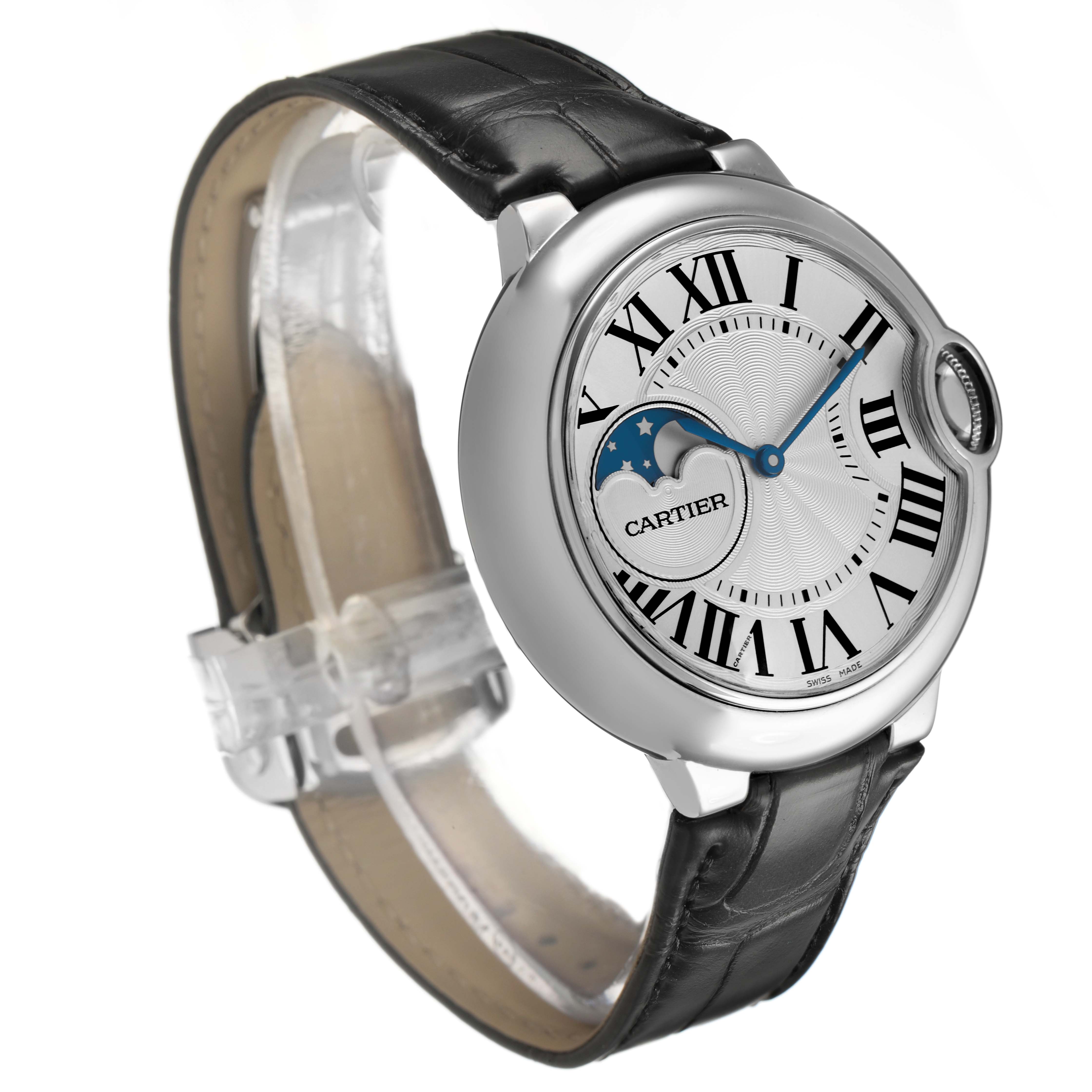 The Cartier Ballon Bleu WSBB0020 Men's Stainless Steel Silver Dial watch is shown at a three-quarter angle, highlighting the dial, bezel, and leather strap.
