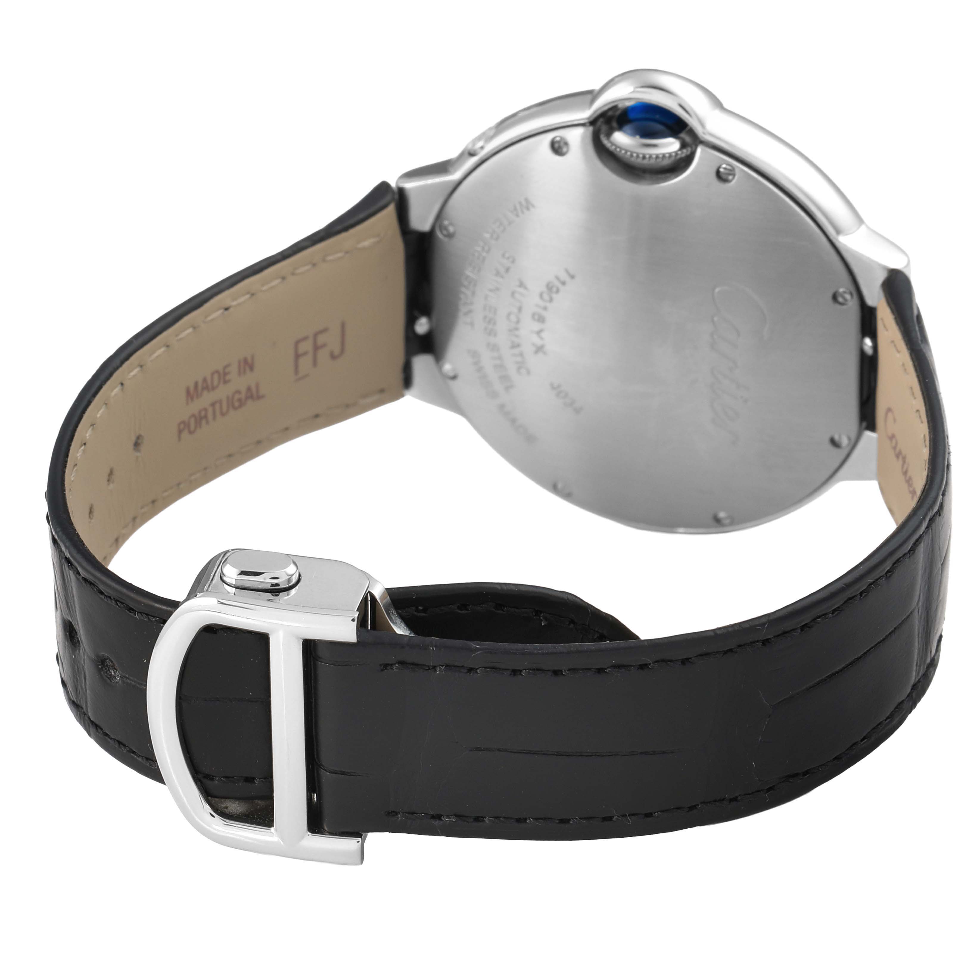 The image shows the back of a Cartier Ballon Bleu WSBB0020 Men's Stainless Steel Silver Dial watch, highlighting the case back, part of the leather strap, and the deployment clasp.