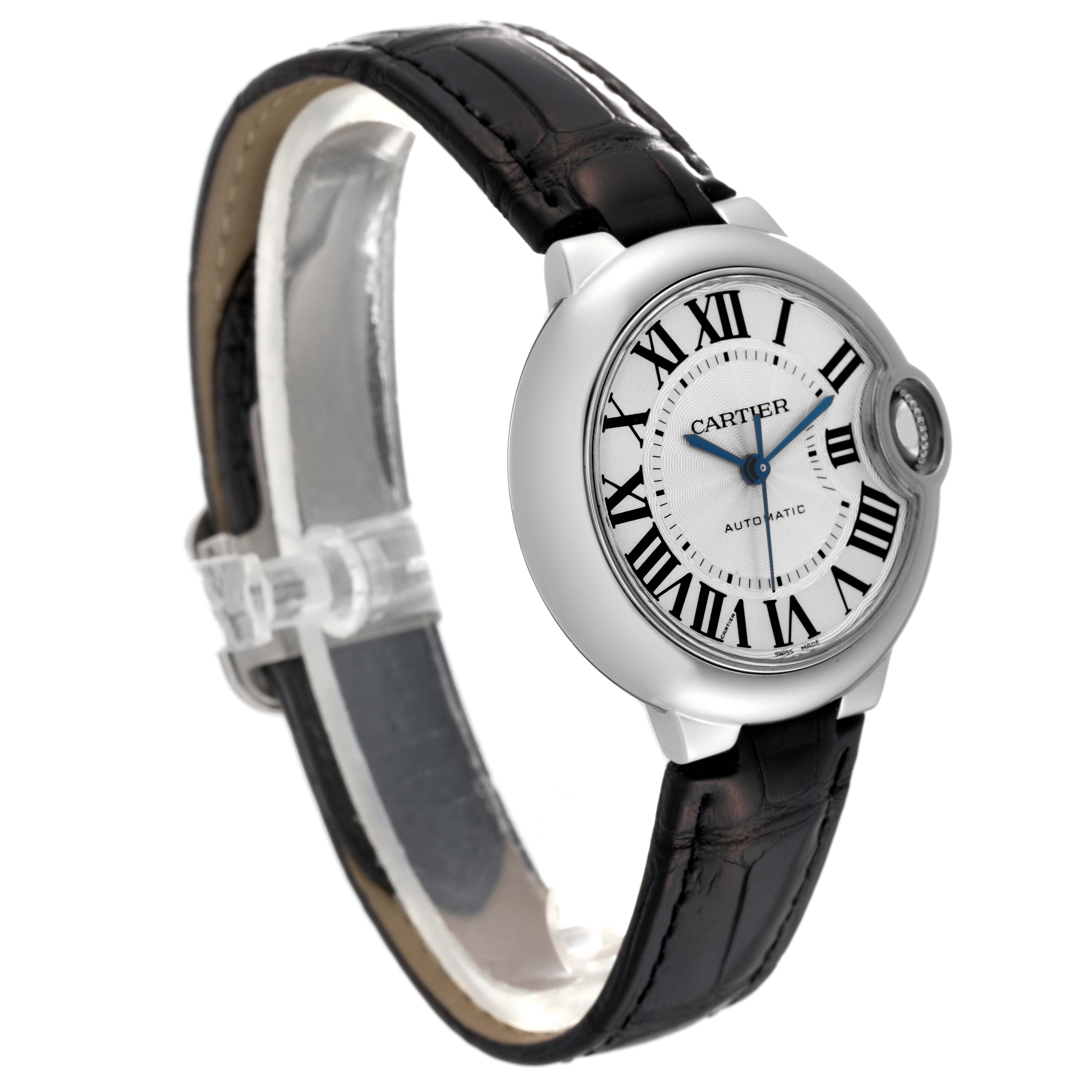 The Cartier Ballon Bleu W6920085 Women's Stainless Steel Silver Dial W6920085 Women's Stainless Steel Silver Dial watch is shown at a slight angle, highlighting the face, crown, and leather strap.