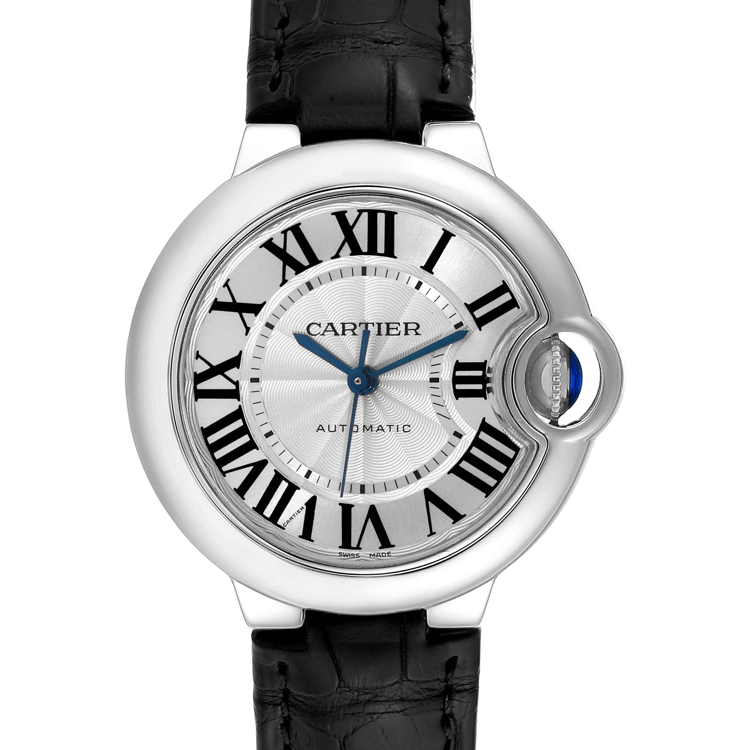 The image shows a frontal view of the Cartier Ballon Bleu W6920085 Women's Stainless Steel Silver Dial W6920085 Women's Stainless Steel Silver Dial watch, highlighting the dial, Roman numerals, and black leather strap.