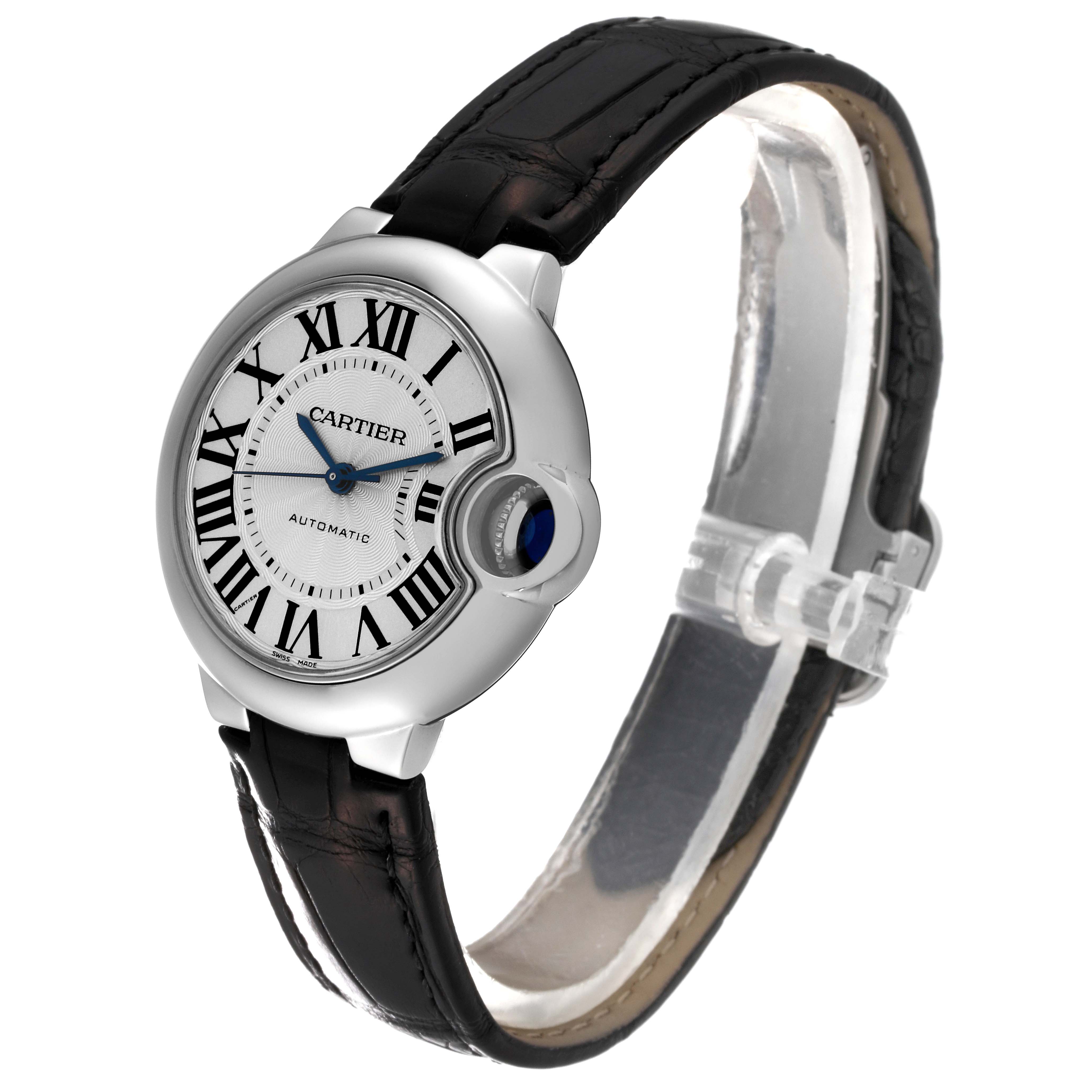 The image shows the Cartier Ballon Bleu W6920085 Women's Stainless Steel Silver Dial W6920085 Women's Stainless Steel Silver Dial watch from a front and slightly angled view, highlighting its face and leather strap.
