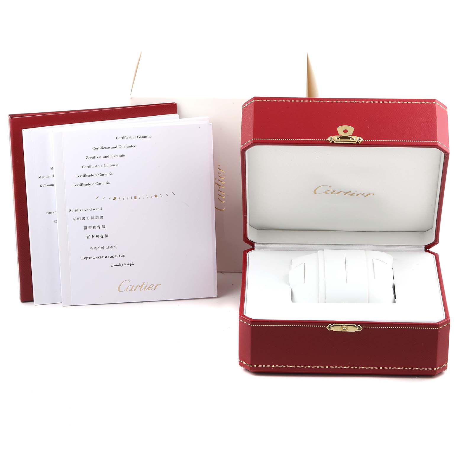 The image shows a Cartier Ballon Bleu W4BB0016 Women's Stainless Steel Silver Dial W4BB0016 Women's Stainless Steel Silver Dial watch box, open and empty, with accompanying certificates and documents.