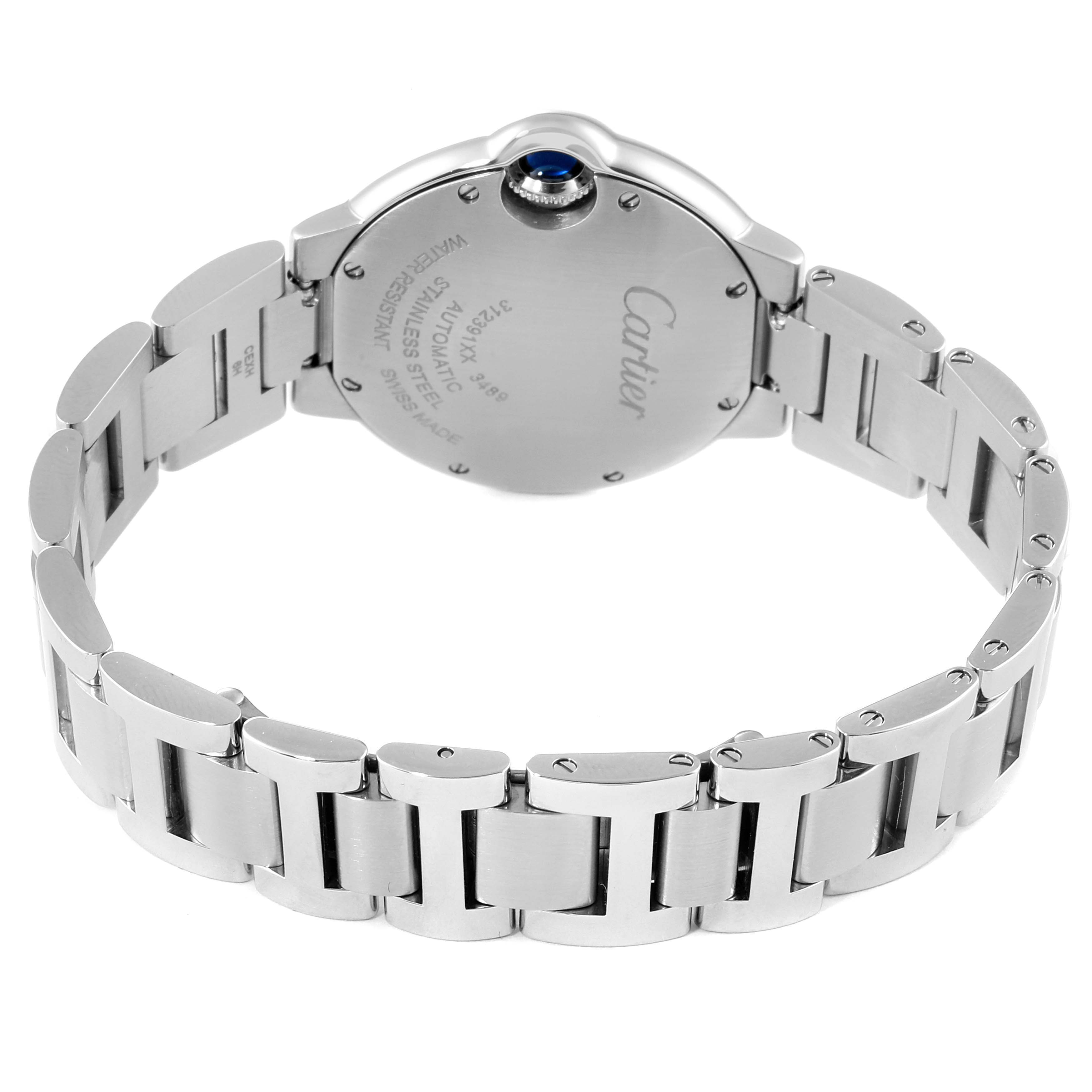 The image shows the back view of a Cartier Ballon Bleu W4BB0016 Women's Stainless Steel Silver Dial W4BB0016 Women's Stainless Steel Silver Dial watch, highlighting its case back, stainless steel bracelet, and crown.