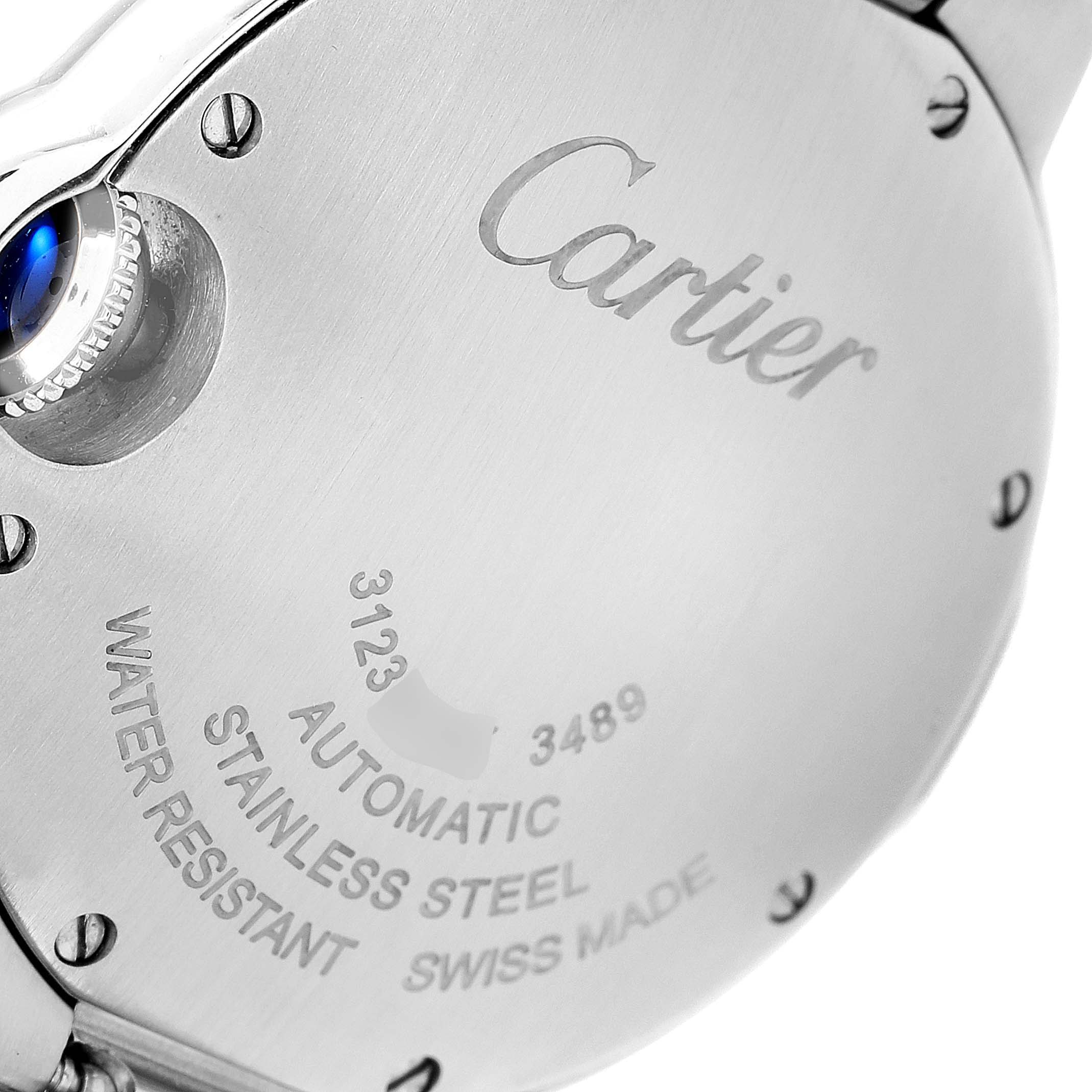 This image shows the back case and crown of a Cartier Ballon Bleu W4BB0016 Women's Stainless Steel Silver Dial W4BB0016 Women's Stainless Steel Silver Dial watch.