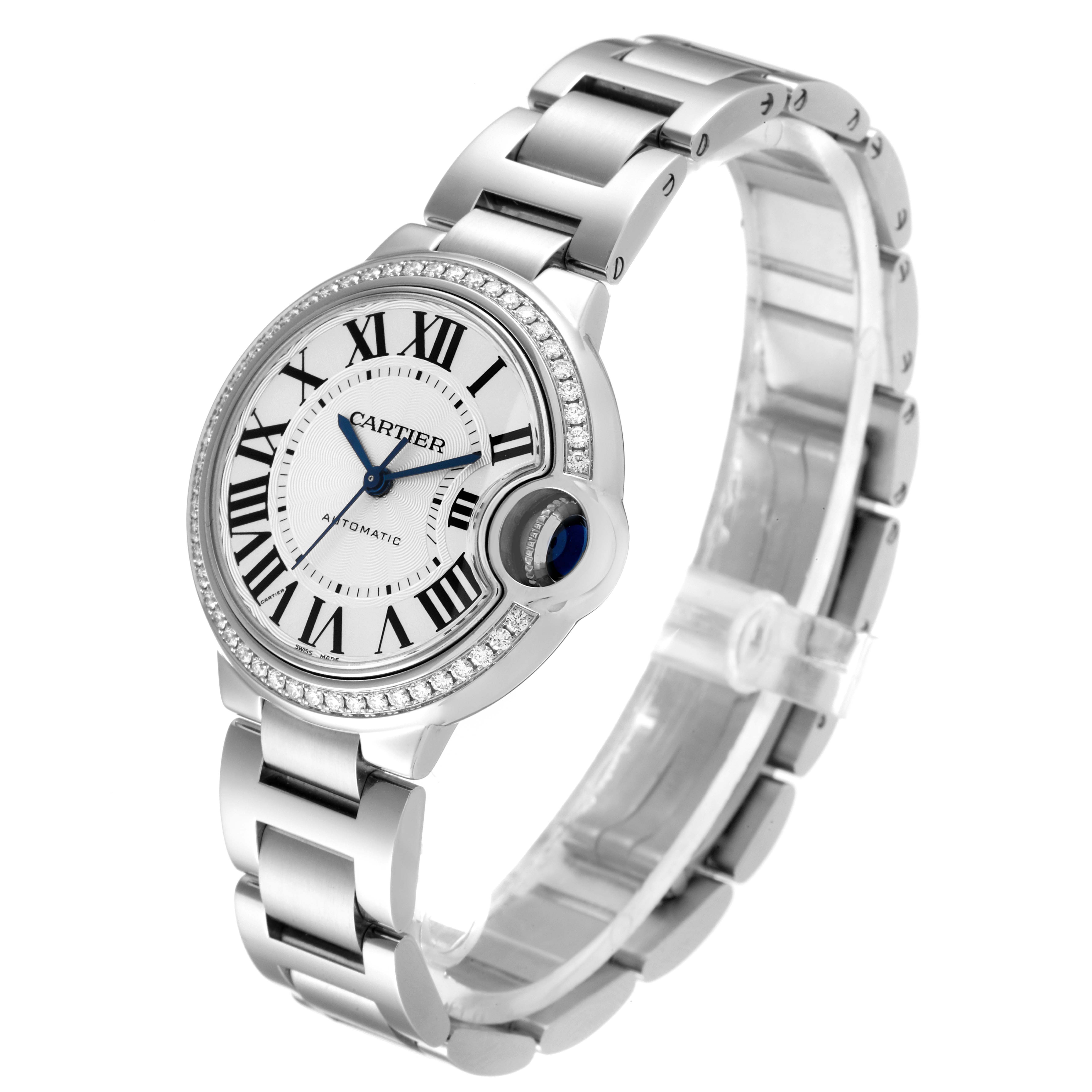 The image shows the Cartier Ballon Bleu W4BB0016 Women's Stainless Steel Silver Dial W4BB0016 Women's Stainless Steel Silver Dial watch at a three-quarter angle, highlighting the dial, bezel, and bracelet.