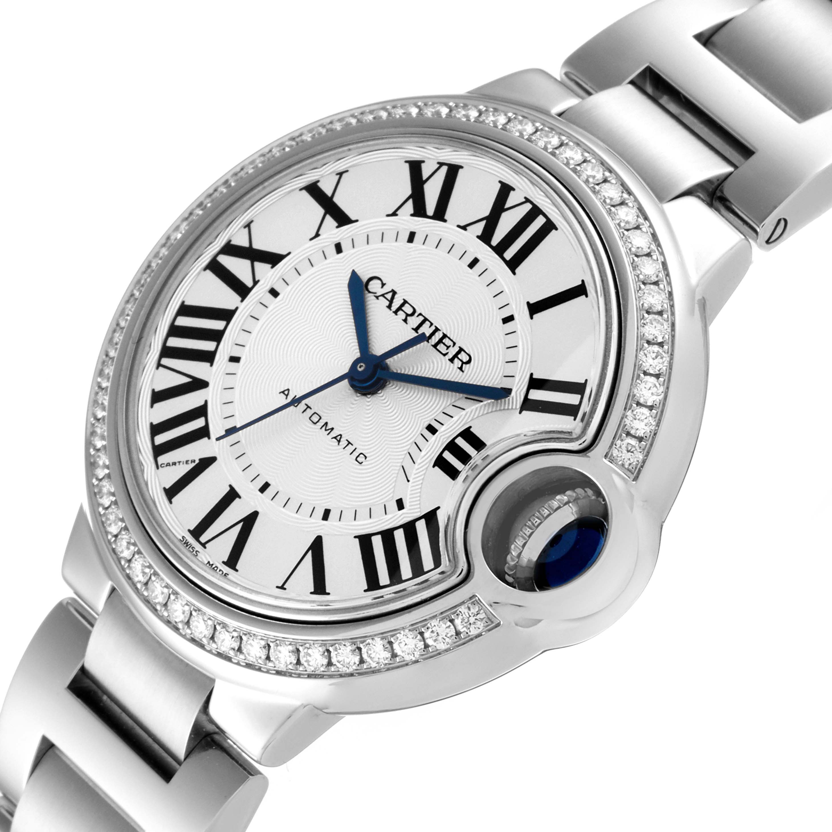 The image shows a close-up angled view of the Cartier Ballon Bleu W4BB0016 Women's Stainless Steel Silver Dial W4BB0016 Women's Stainless Steel Silver Dial watch, highlighting its dial, bezel, and part of the bracelet.