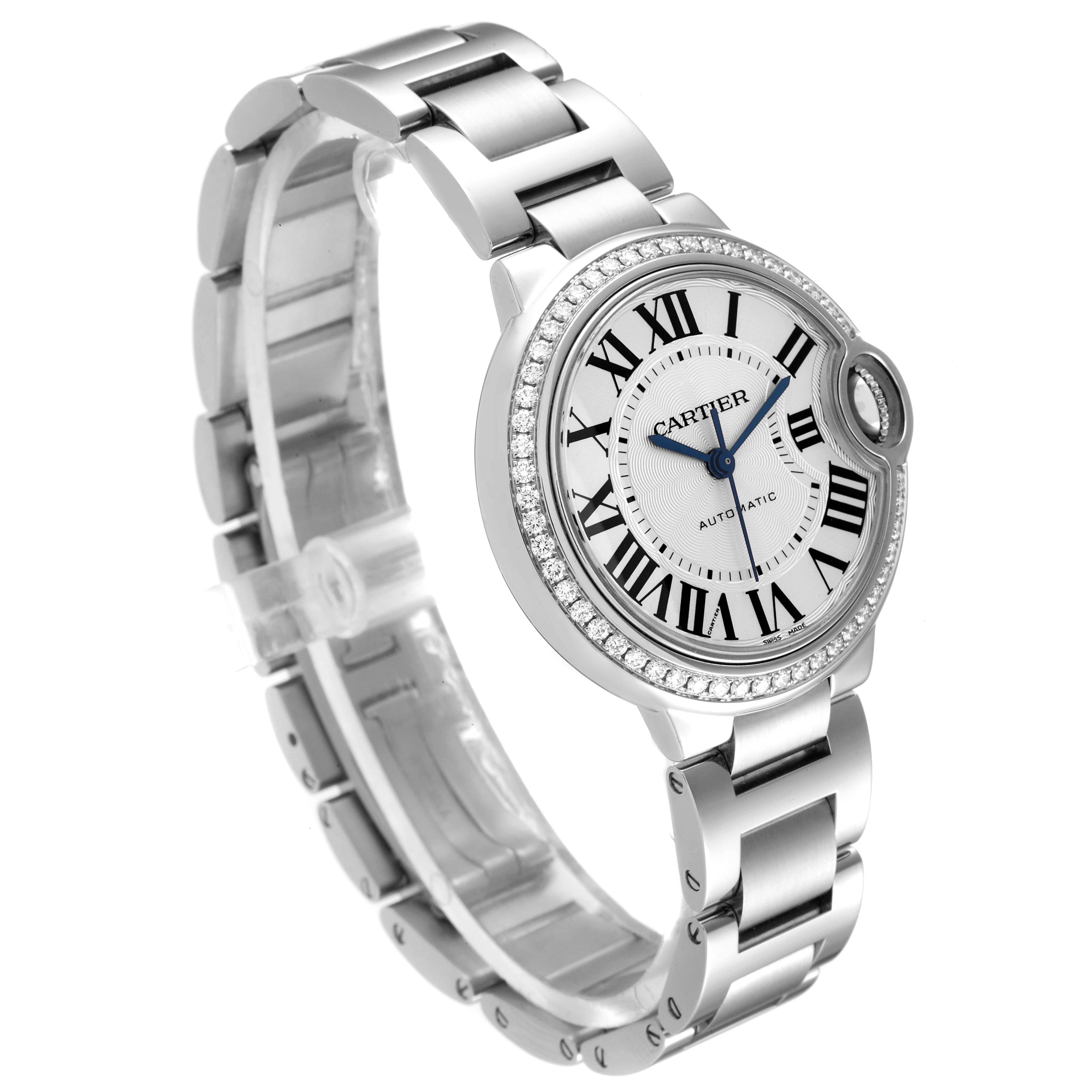 The image shows a Cartier Ballon Bleu W4BB0016 Women's Stainless Steel Silver Dial W4BB0016 Women's Stainless Steel Silver Dial watch at an angled side view, highlighting its round face, metal band, and Roman numeral dial.