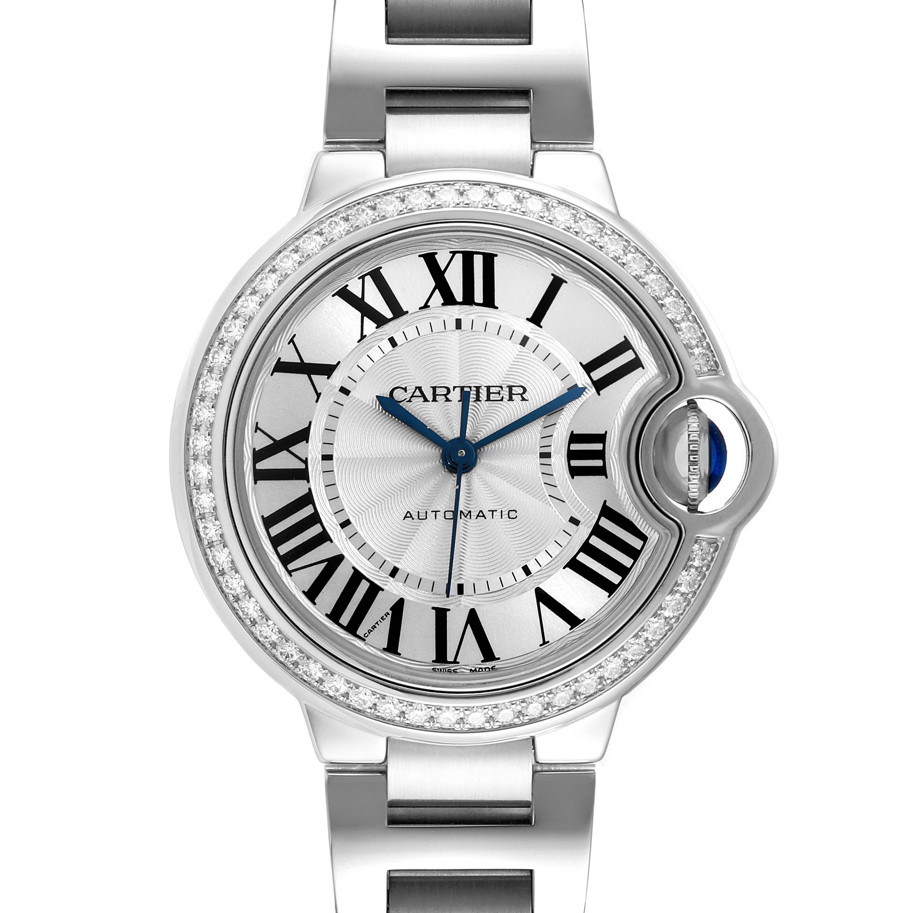 This image shows a front view of a Cartier Ballon Bleu W4BB0016 Women's Stainless Steel Silver Dial W4BB0016 Women's Stainless Steel Silver Dial watch, highlighting its face, Roman numerals, and metal bracelet.
