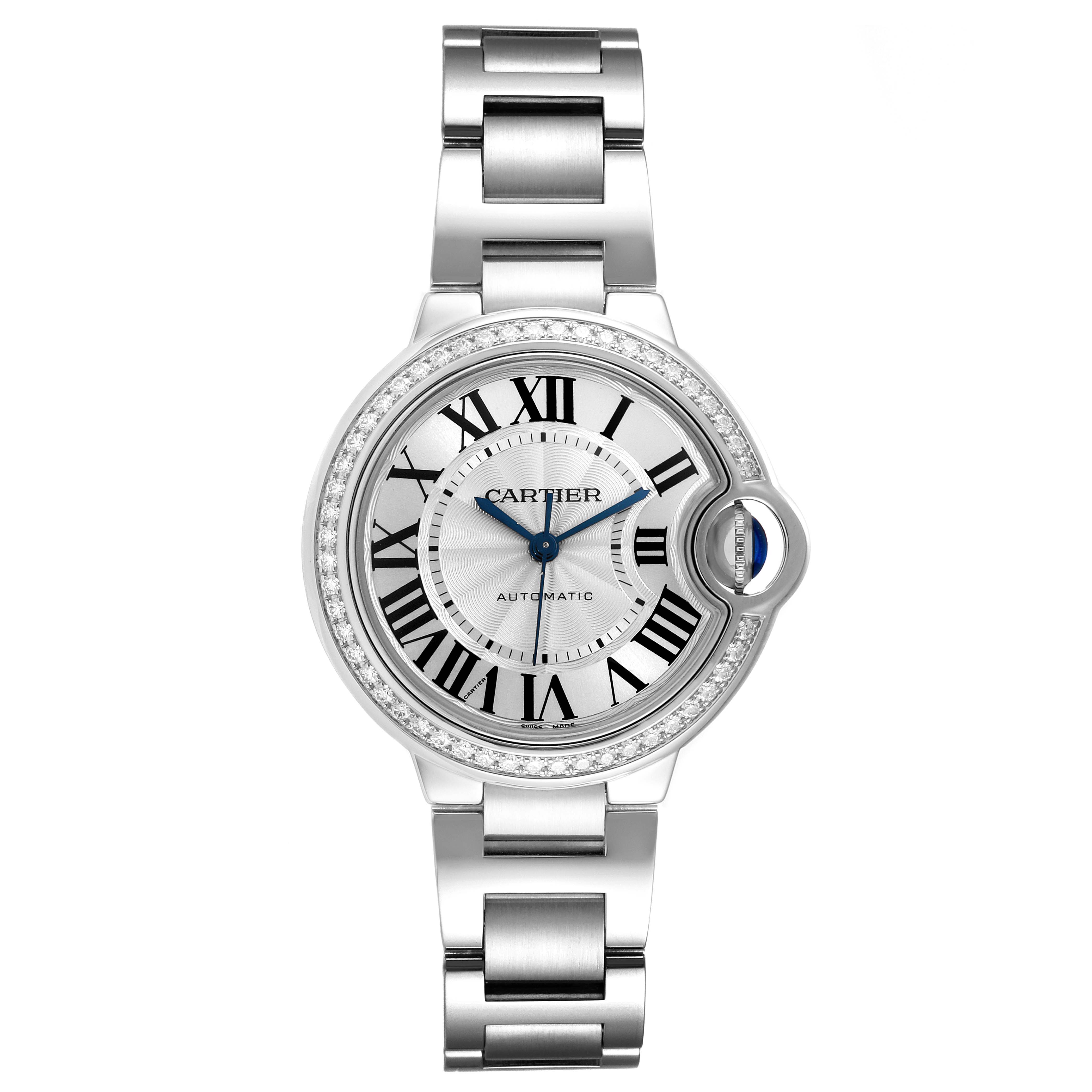 The image shows a front view of the Cartier Ballon Bleu W4BB0016 Women's Stainless Steel Silver Dial W4BB0016 Women's Stainless Steel Silver Dial watch, highlighting its face, bracelet, and signature Roman numerals.