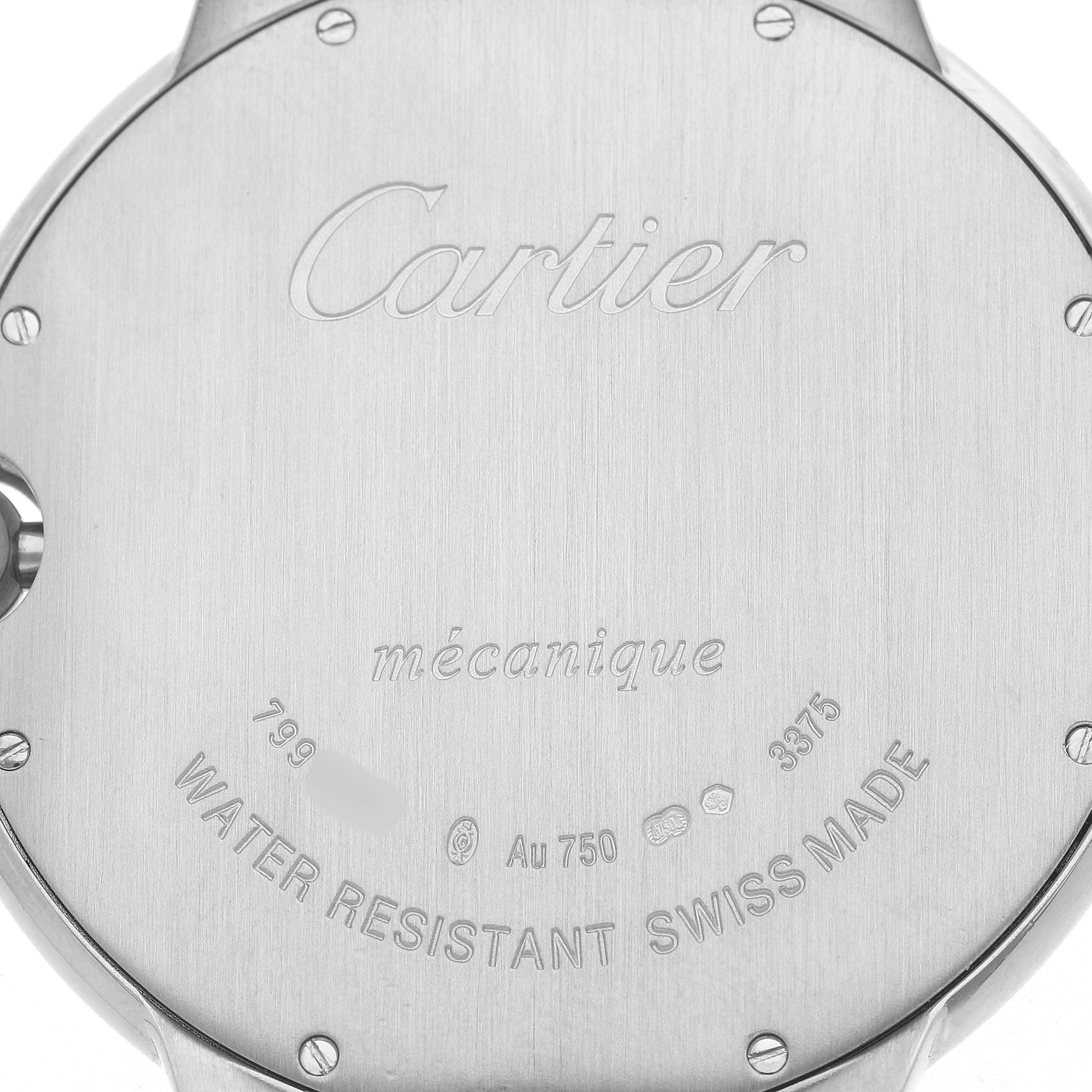The image shows the back case of a Cartier Ballon Bleu W6920055 Men's White Gold Silver Dial watch, featuring engraved details about its specifications.