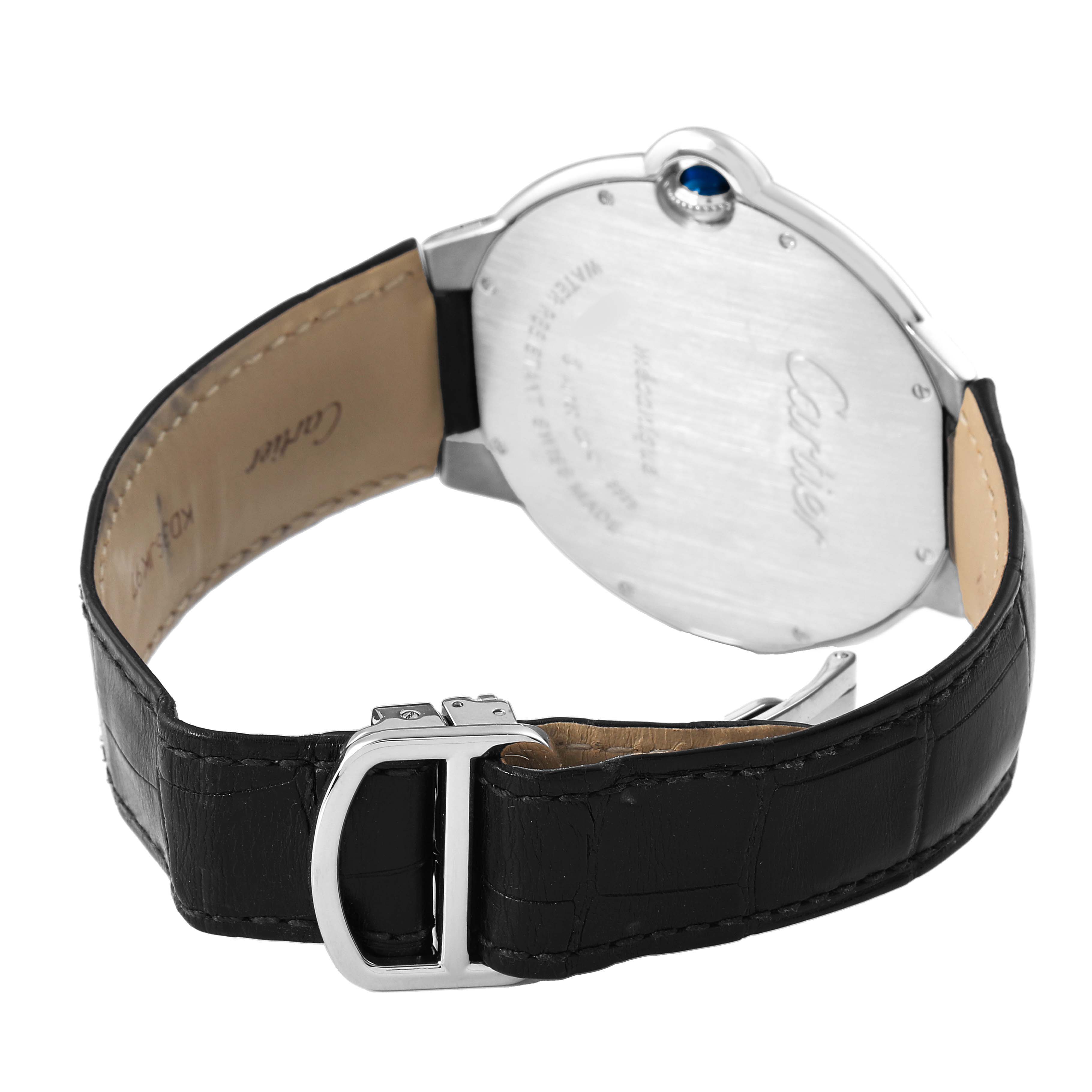 The Cartier Ballon Bleu W6920055 Men's White Gold Silver Dial watch is shown from a rear angle, highlighting its back case, crown, and leather strap with clasp.