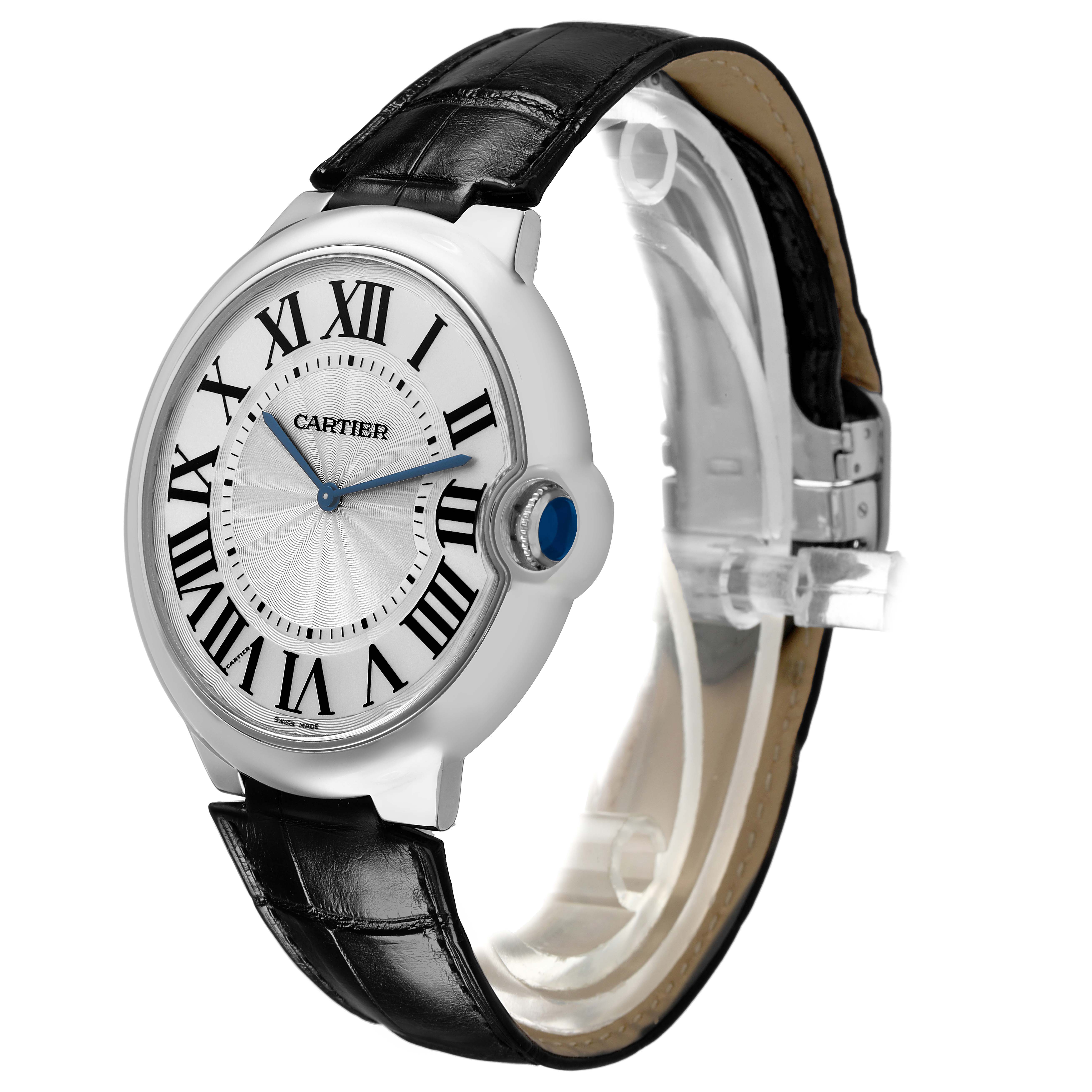 The Cartier Ballon Bleu W6920055 Men's White Gold Silver Dial watch is shown at a slight angle, highlighting the face, crown, and leather strap.
