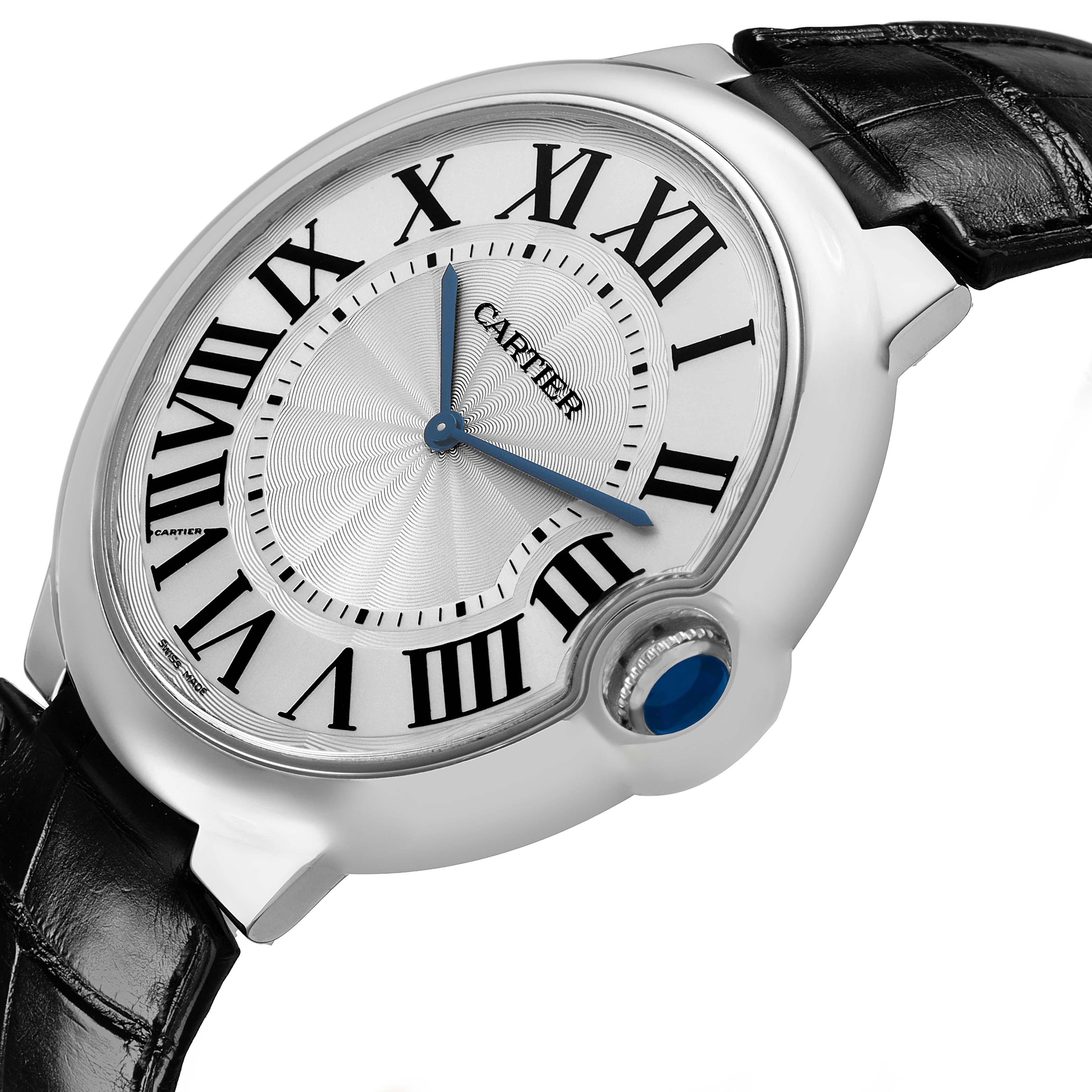 The Cartier Ballon Bleu W6920055 Men's White Gold Silver Dial watch is shown at an angled view highlighting the face, Roman numerals, blue hands, and crown detail.