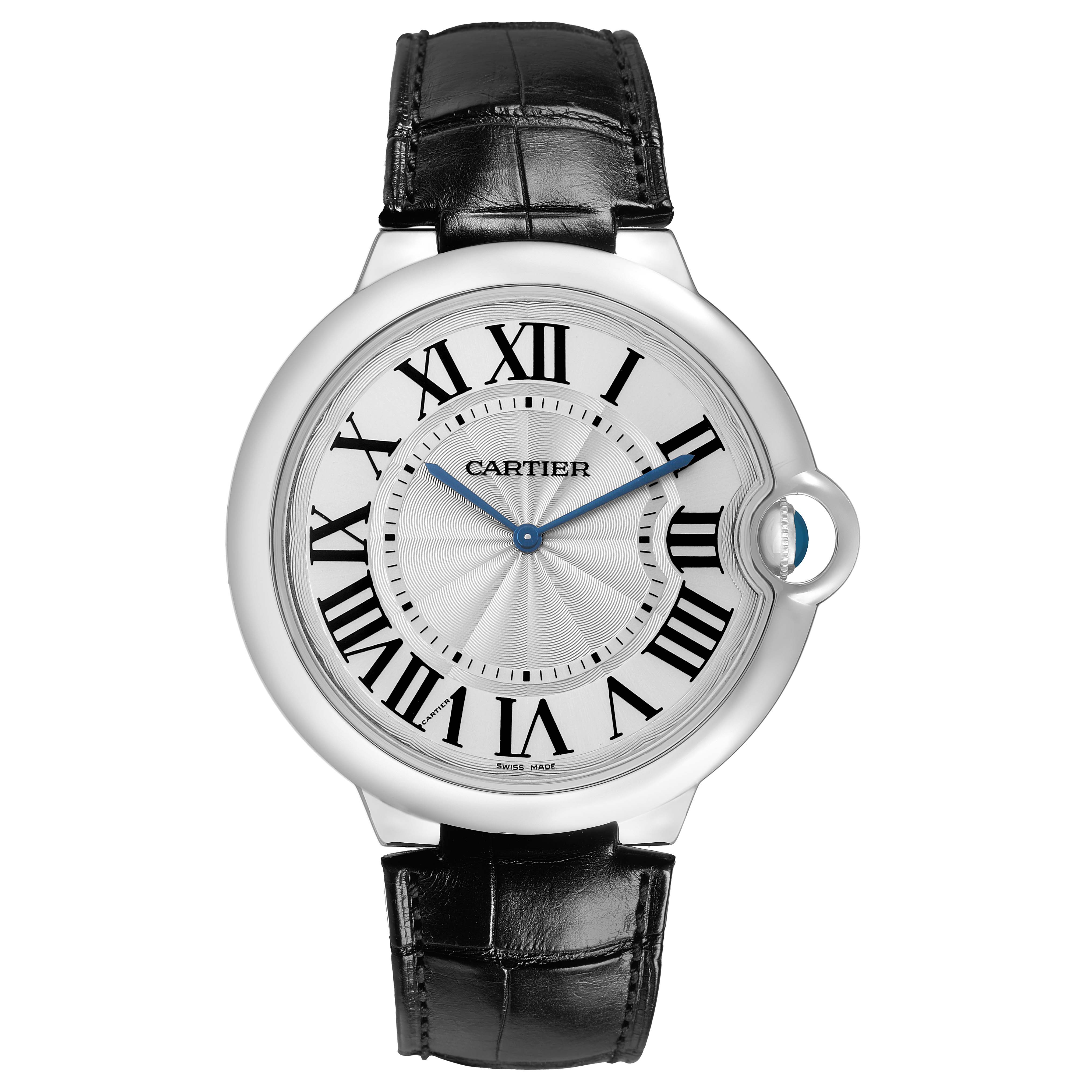 The image shows a front view of a Cartier Ballon Bleu W6920055 Men's White Gold Silver Dial watch, displaying the dial, Roman numerals, blue hands, and leather strap.