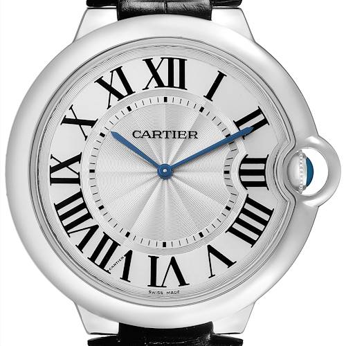 The Cartier Ballon Bleu W6920055 Men's White Gold Silver Dial watch is shown from the front, highlighting its silver dial, Roman numerals, and blue hands.