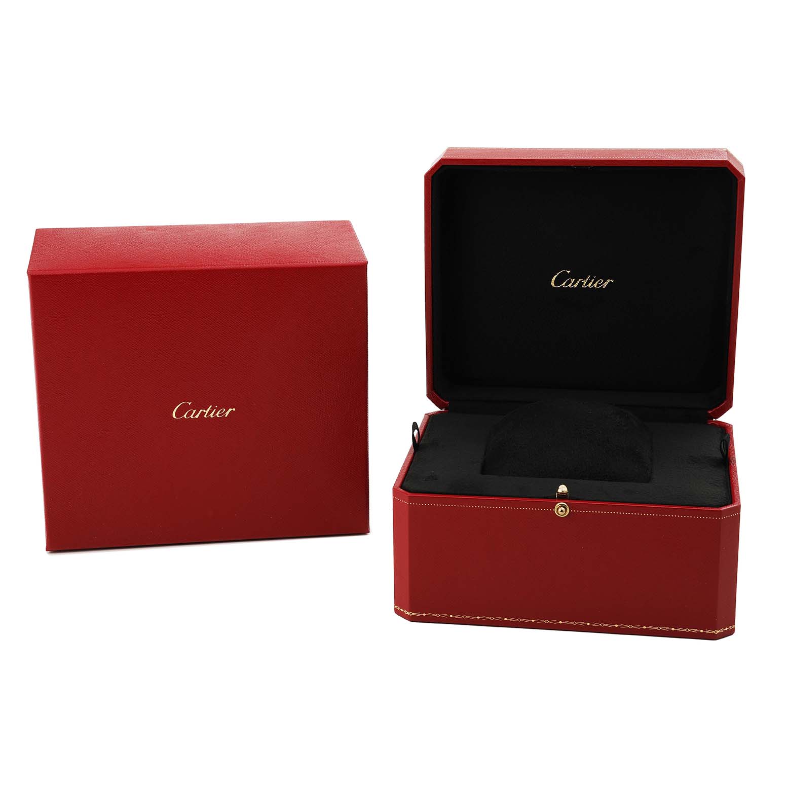 The image shows the packaging for a Cartier Ballon Bleu W6920055 Men's White Gold Silver Dial watch, including a closed red box and an open box with a watch cushion inside.