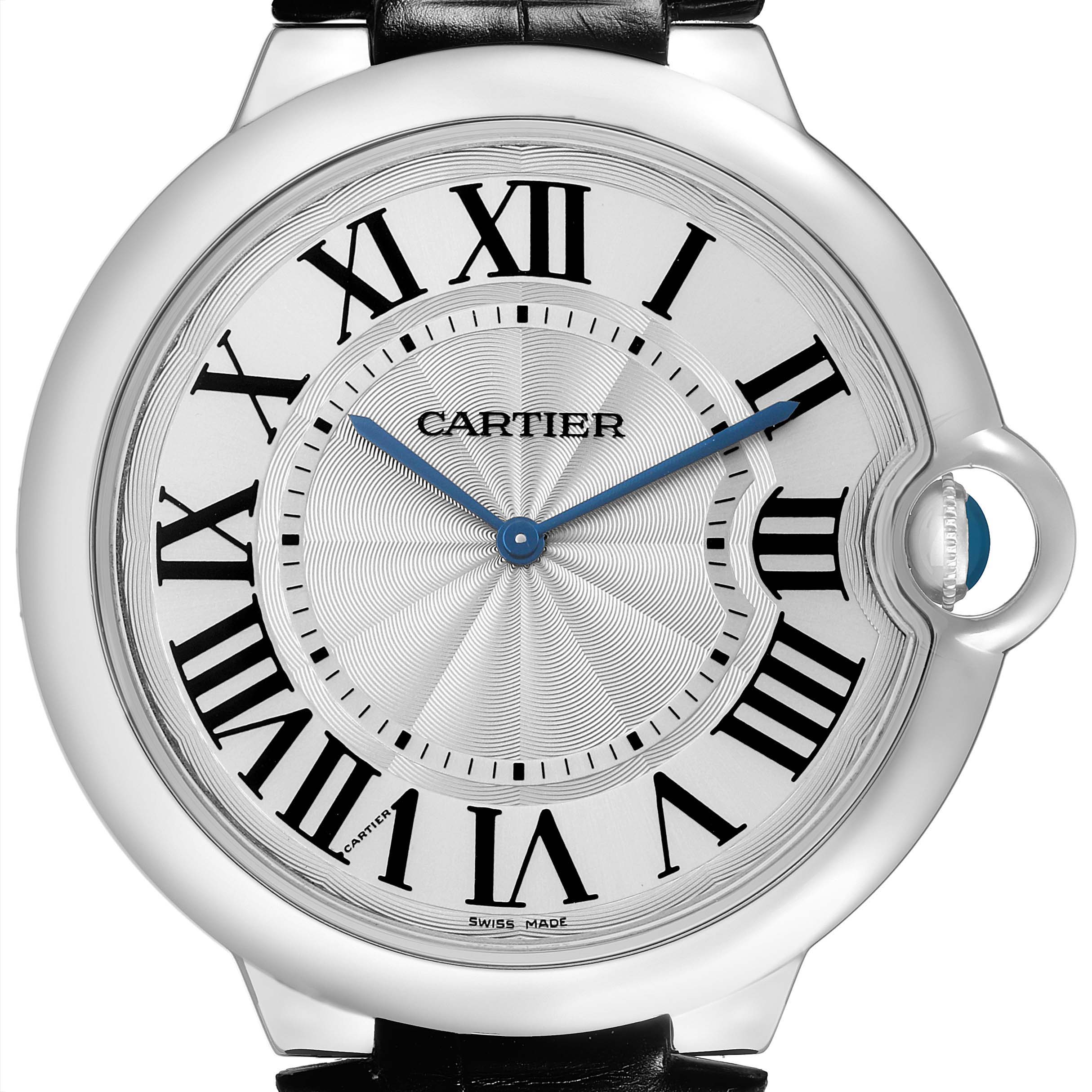 The Cartier Ballon Bleu W6920055 Men's White Gold Silver Dial watch is shown from the front, displaying its face, Roman numerals, and blue steel hands.