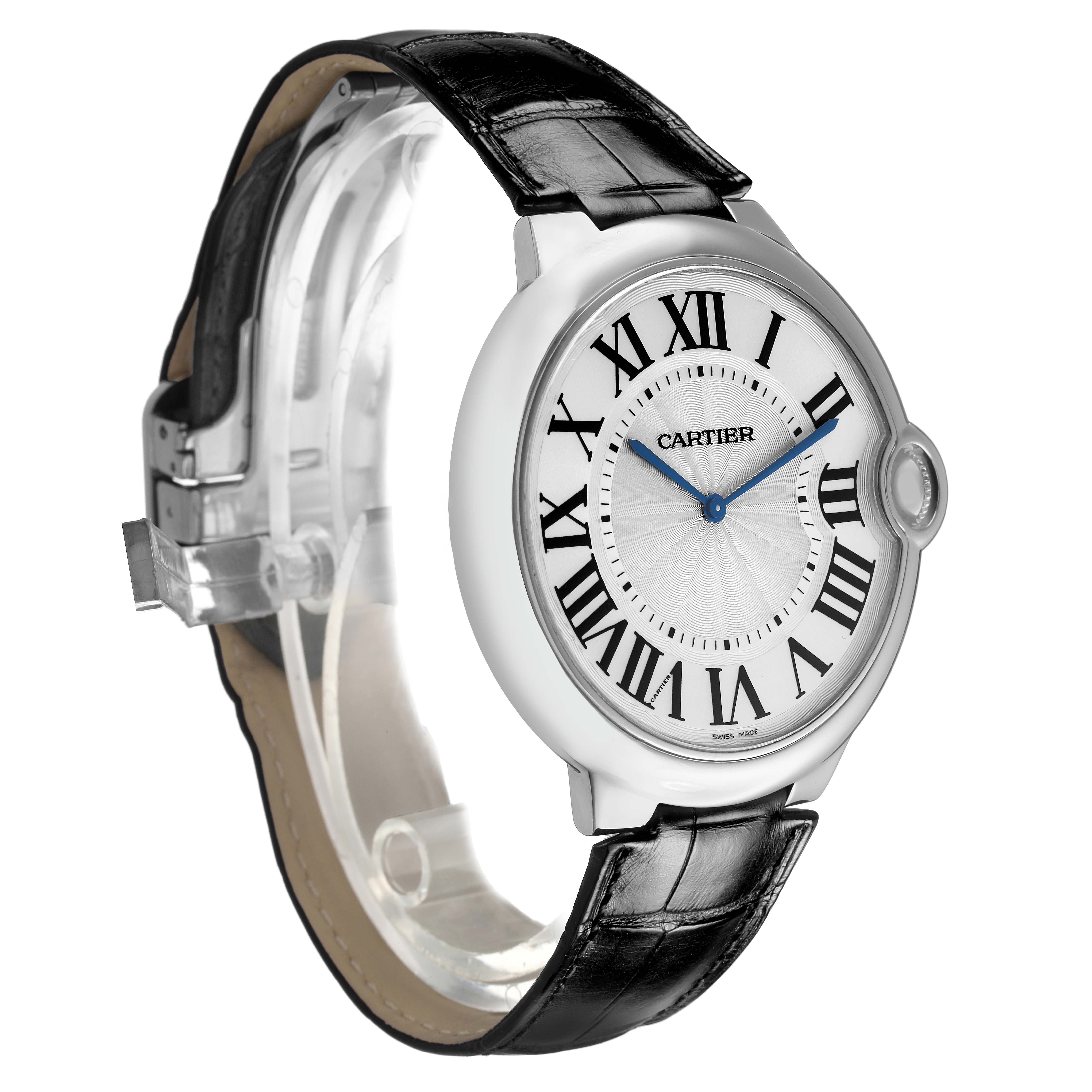 The Cartier Ballon Bleu W6920055 Men's White Gold Silver Dial watch is shown at an angle highlighting the face, roman numerals, strap, and winding crown.